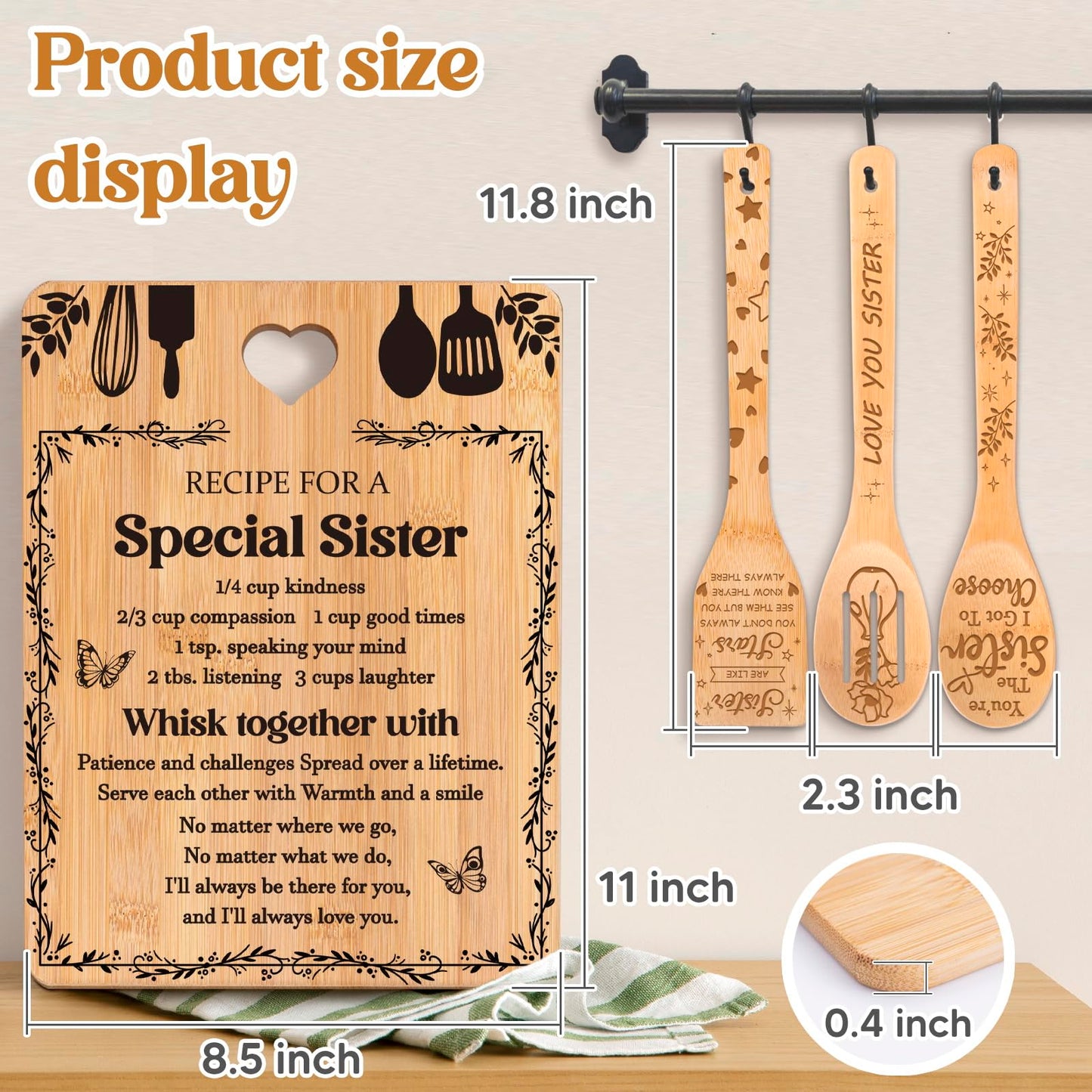 Sister Birthday Gifts - "Recipe for a Special Sister" Sister Gifts from Sister Cutting Board Set, Bamboo-Made Engraved Utensil Set Sister Gifts from Sister, Mothers Day Gifts for Sister