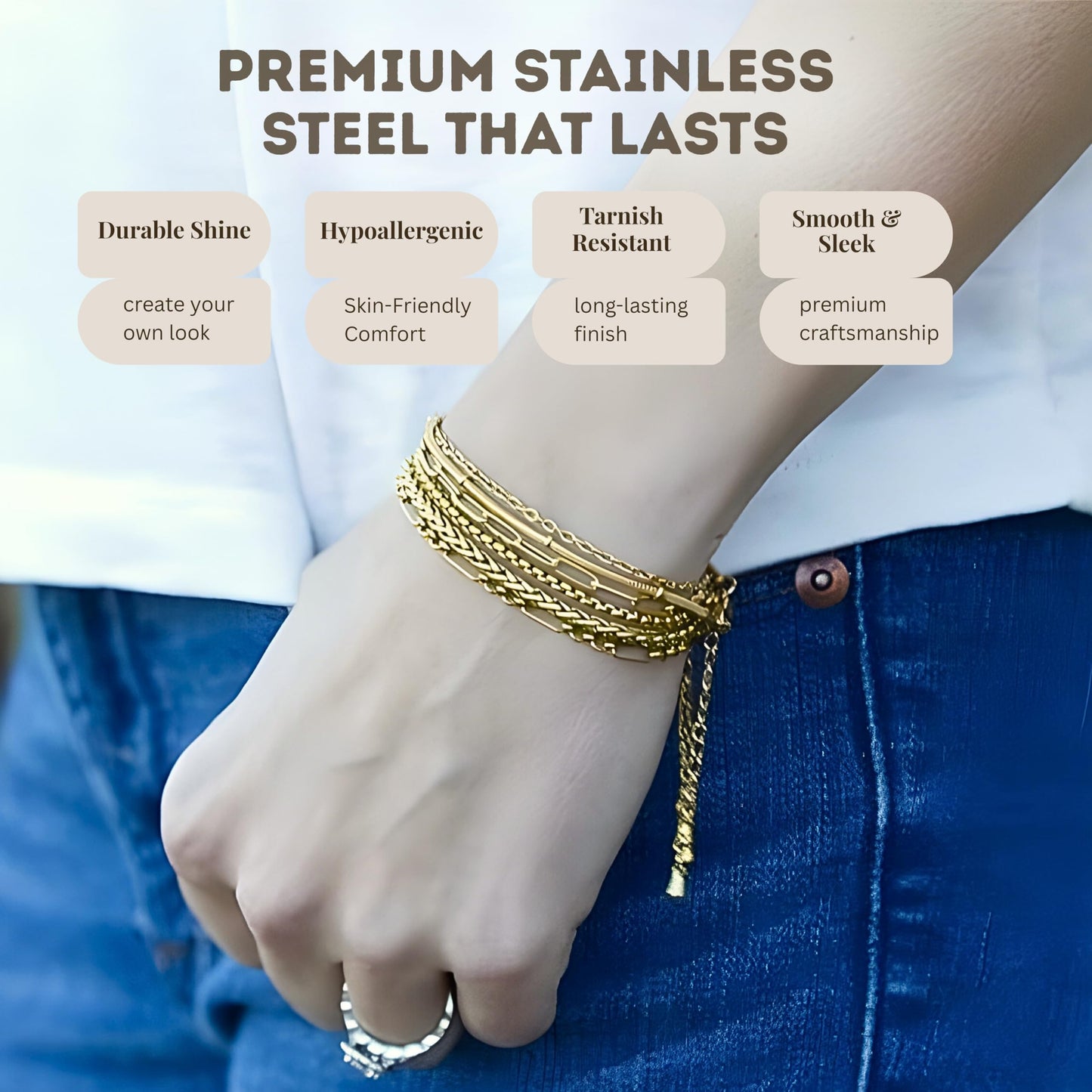 Cherry Tree Collection Stainless Steel Bracelets for Women | Stackable Bracelet Set of 6 Gold | (6-7.5") To Fit Most Wrists | Stainless Steel Charm Bracelet | Fashion Accessories Jewelry