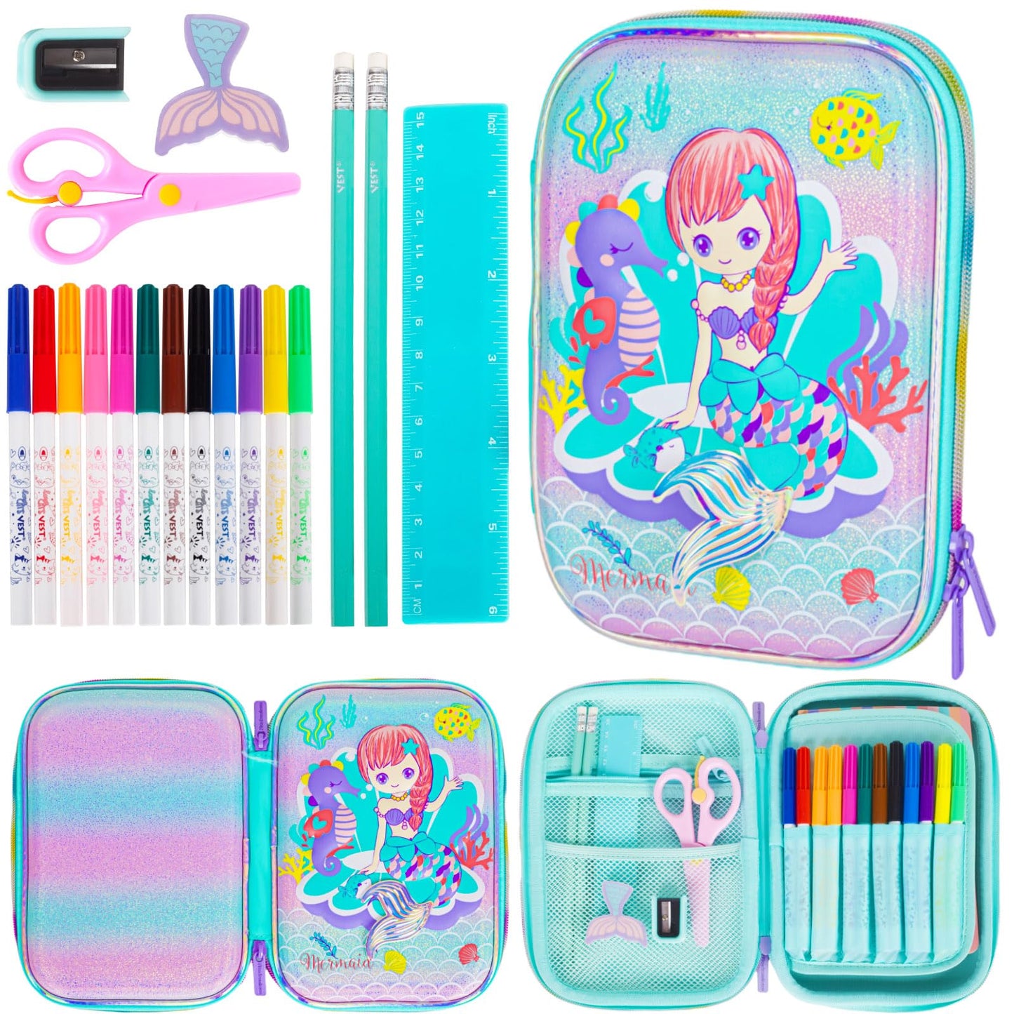 YOYTOO Mermaid Pencil Case Stationery Set for Girls, 3D EVA Big Capacity Cute Pencil Pen Case Bag with Zipper Office College School Storage Bag Pouch Holder Box Organizer