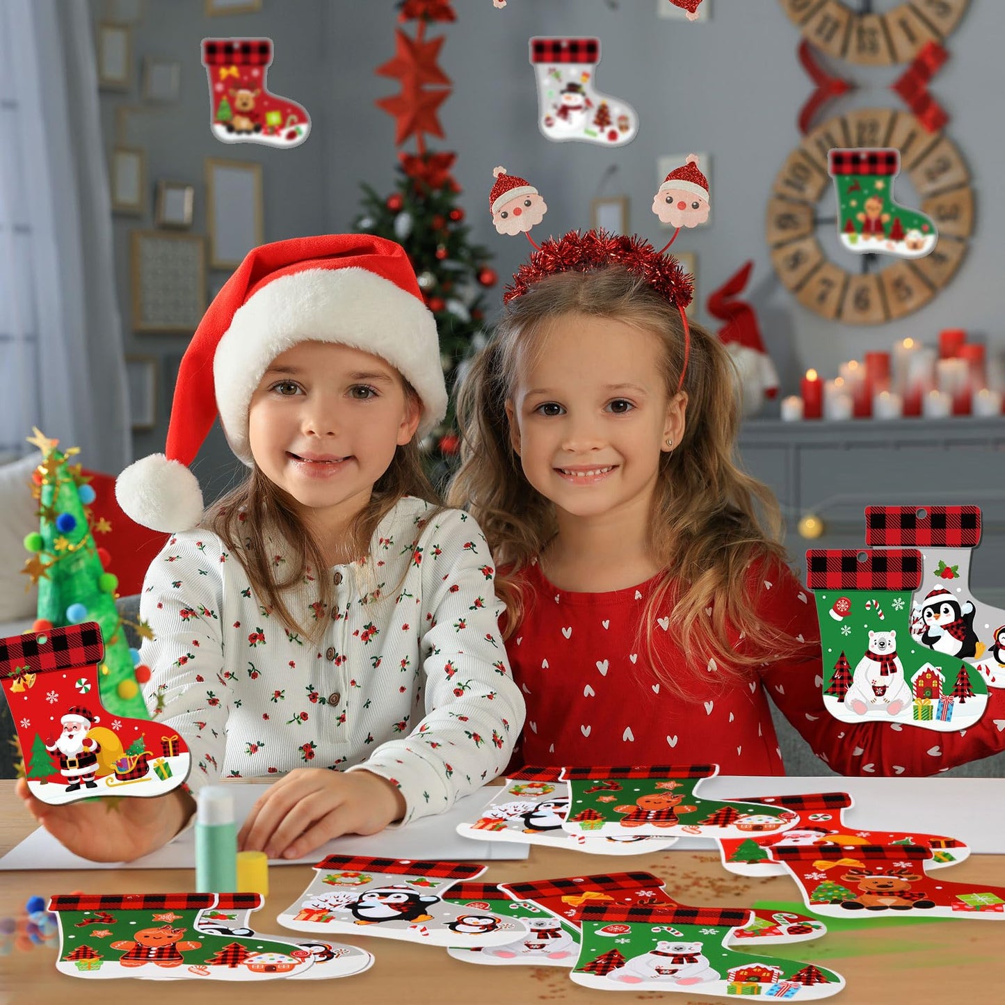 Fuyoooo 48 Pcs Christmas Craft Kits for Kids Christmas Stockings Christmas Tree Stockings Ornaments Kit Make Your Own Christmas Craft DIY Stockings Cutouts for Holiday Farmhouse Decor