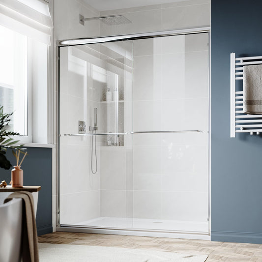 SUNNY SHOWER Double Sliding Glass Door 60" W x 72" H Shower Door 1/4" Tempered Glass Sliding Door Semi-Frameless Shower Glass Enclosure Bypass Walk in Shower Cabin, Chrome Finished
