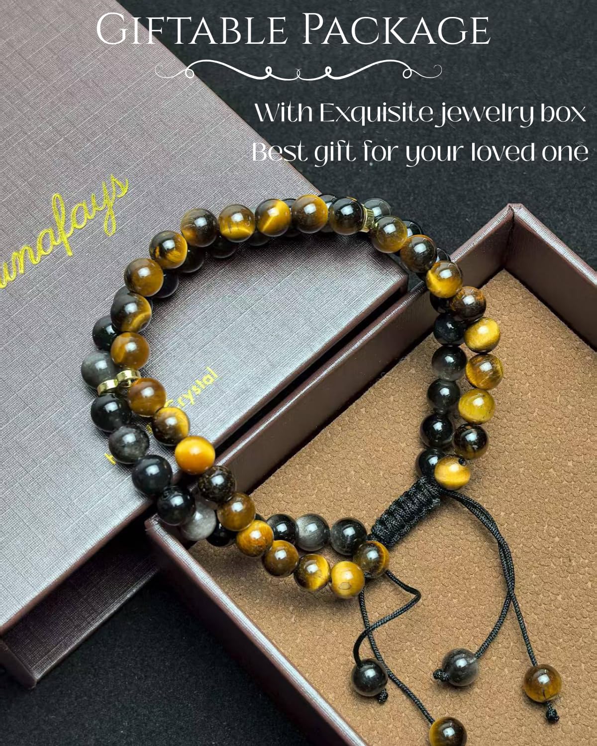 Atminafays 6MM Stackable Healing Bracelet for Women & Men - Tiger's Eye & Obsidian for Courage & Protection, Adjustable Boho Beaded Bracelet