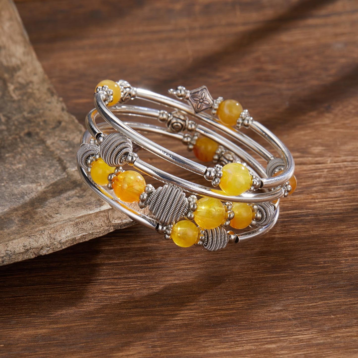 PEARL&CLUB Beaded Chakra Bangle Turquoise Bracelet - Fashion Jewelry Wrap Bracelet with Thick Silver Metal and Mala Beads, Birthday Gifts For Women(Yellow)