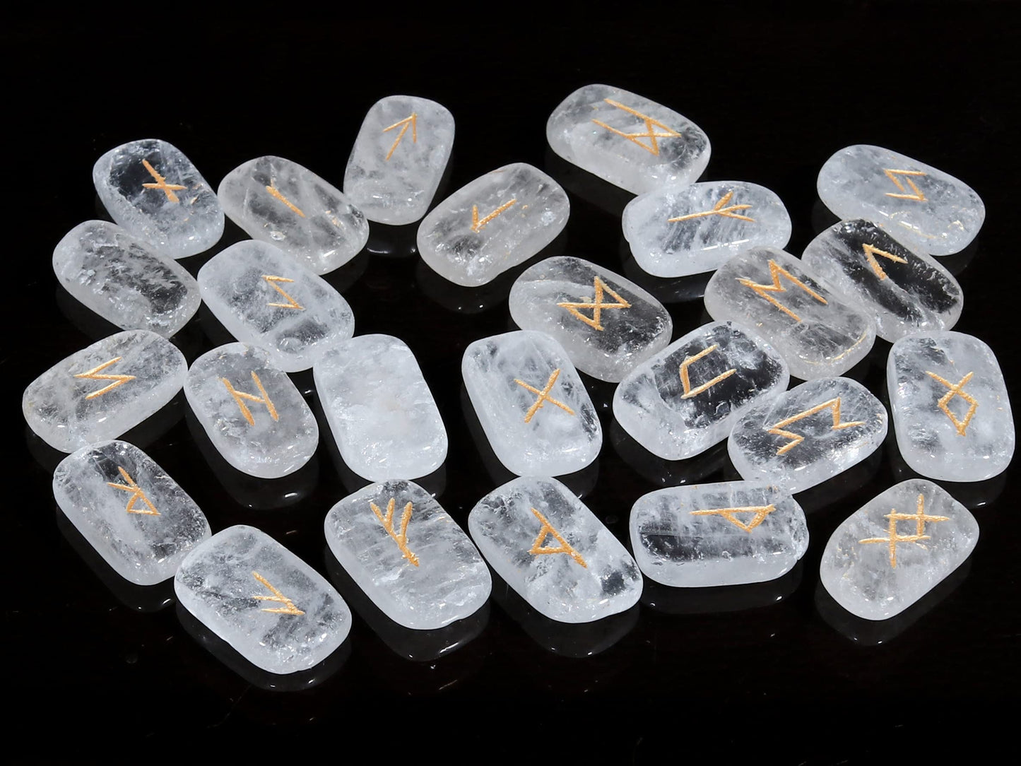 Crocon Clear Quartz Rectangle Shape Gemstone Runes with Elder Futhark Alphabet Engraved 25 pcs Rune Set Crystal Divination Metaphysical Healing Chakra Reiki Runes Set with a Pouch| Size : 20-25mm