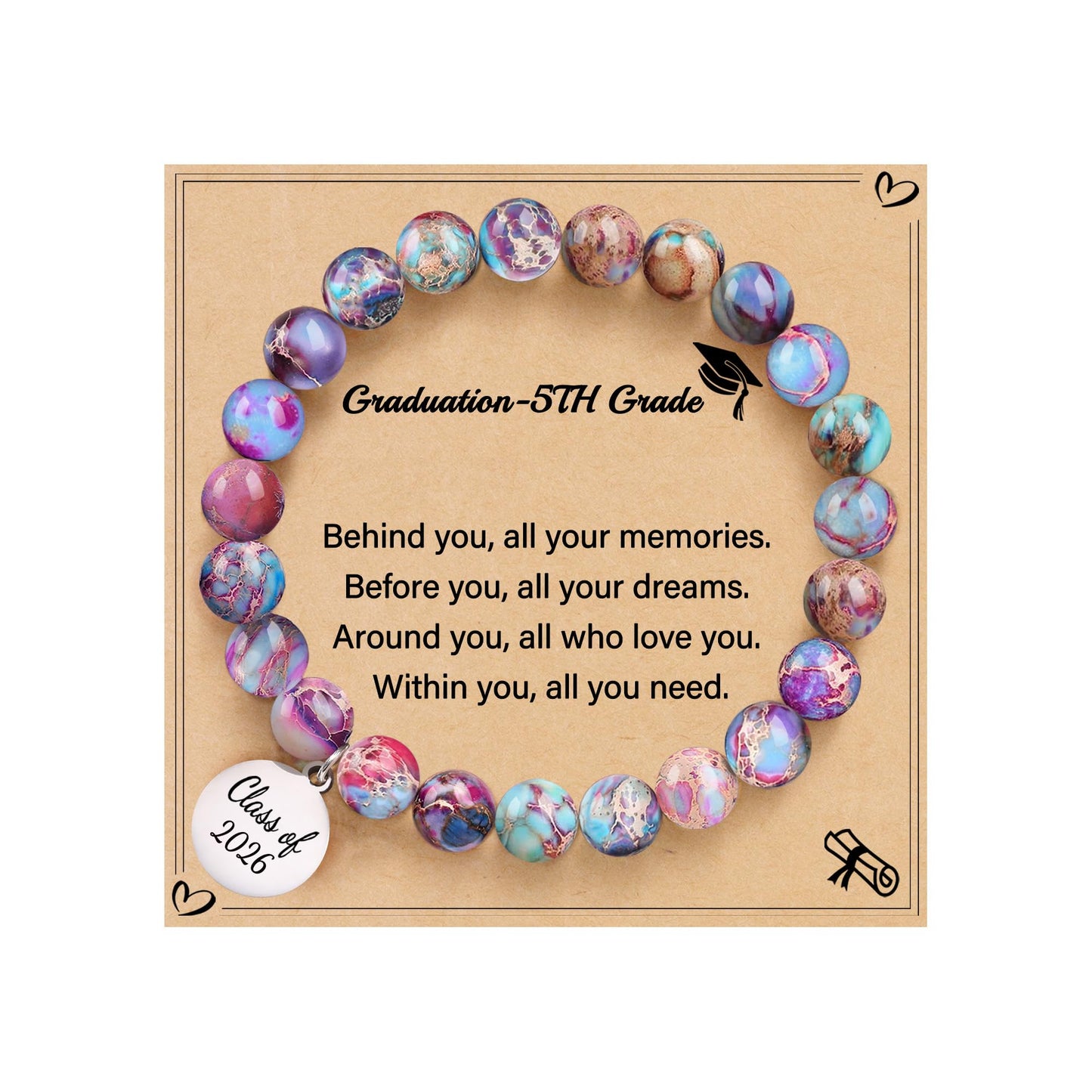 Sistble 5th Grade Graduation Gifts Trendy Graduation Bracelets 2026 Inspirational Gift Class of 2026 Engraved Round Tag Bead Bracelet Nature Stone Graduations Jewelry