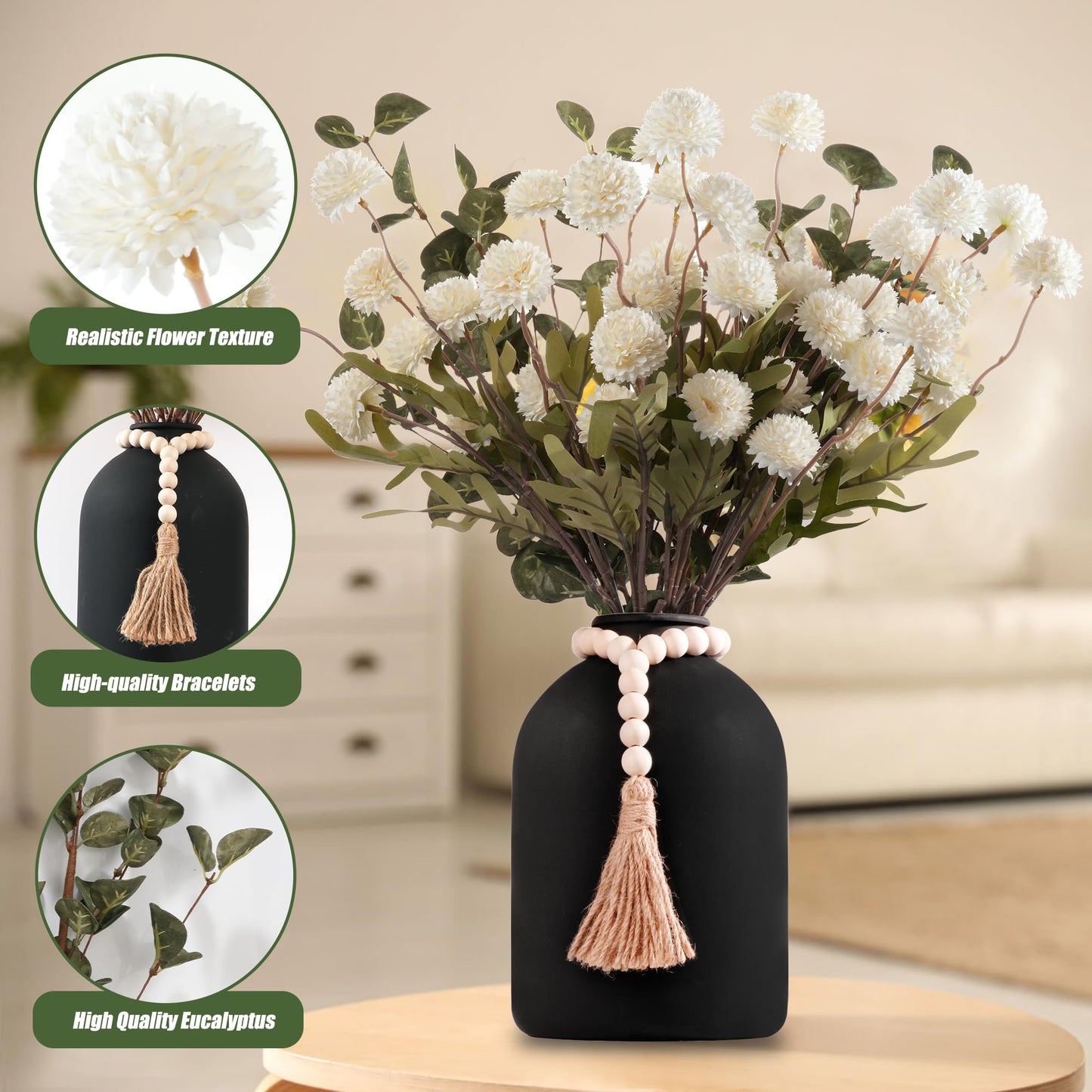 Toetopfae 20''H Fake Flowers in Large Vase for Centerpiece Table Decorations with 10Pcs Fake Mums Flowers Eucalyptus Stems Faux Pompon Kiku Flowers Arrangement for Home Decor (White/Black Vase)
