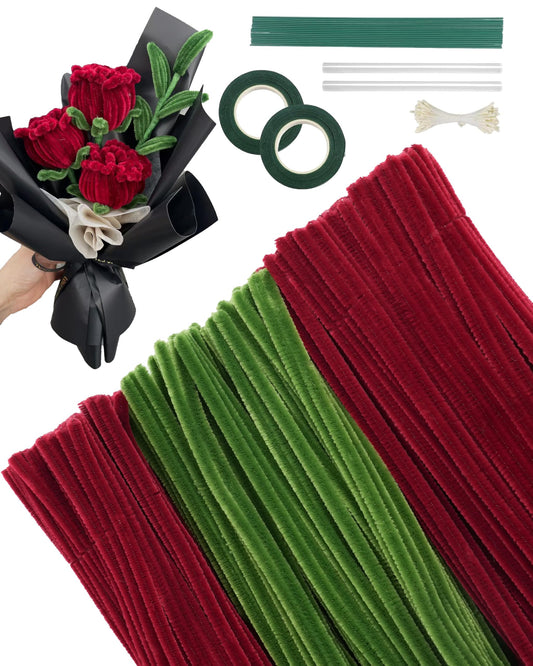 300 Pcs Thick Pipe Cleaners,3 Assorted Colors Bulk Craft Supplies Floral Bonquet,DIY Rose Flower Making Kit for Starter with Floral Wires, Gardening Tape,Stamen,Gift Wrapping Party Decor