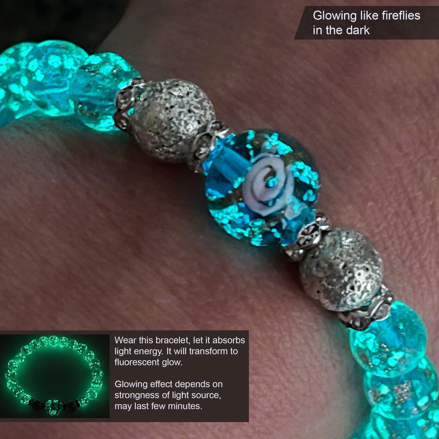 ARTSY Crafts Glow in the Dark Firefly Beads Bracelet for Women, Luminous Glass Beads Healing Crystal Glowing Beaded Bracelets, Mermaid Bracelet, Stretch Stackable Bangle Wristband (Sky Blue)