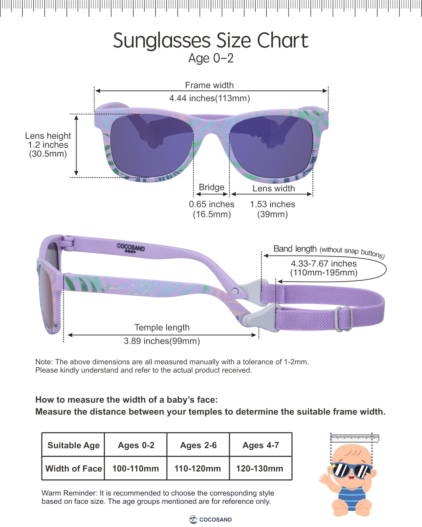 COCOSAND Flexible Polarized Baby Sunglasses with Strap UV Protection for Toddler Infant Newborn Girl Boy Age 0-24 Months, Matte Purple with Leaf Print