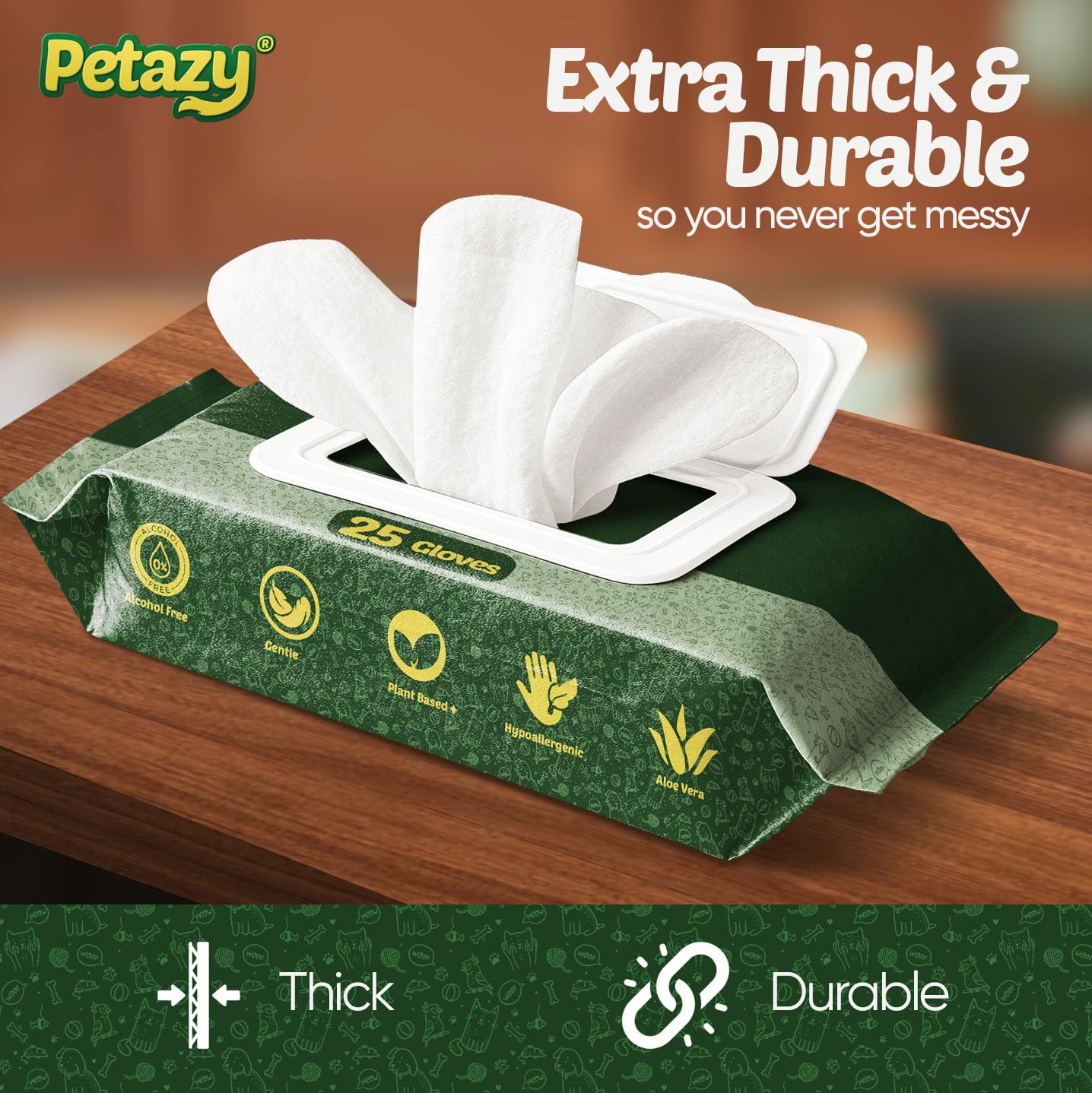 Petazy Pet Glove Wipes for Dogs & Cats – Hypoallergenic Thick Cleaning Gloves with Aloe & Coconut Oil for Paws, Face, Ears & Butt, Instant No Rinse Grooming Wipes to Deodorize and Hydrate, 50 Pack