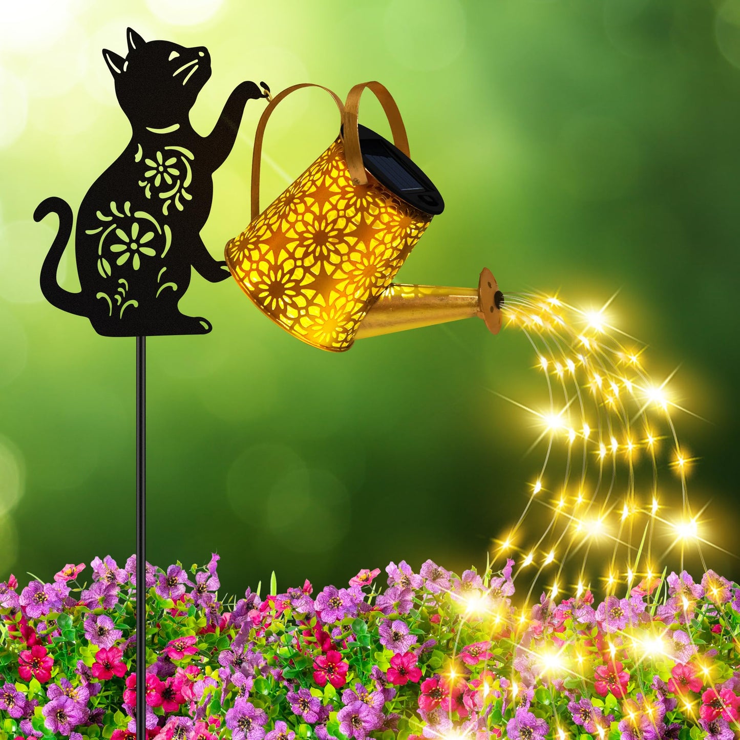 Solar Lights Outdoor Decorative, Watering Can with Cascading Lights, with Cat Silhouette Garden Stakes, Gifts for Mom Women, Waterproof Metal Garden Decor for Yard Art, Outside, Patio, Lawn Ornaments