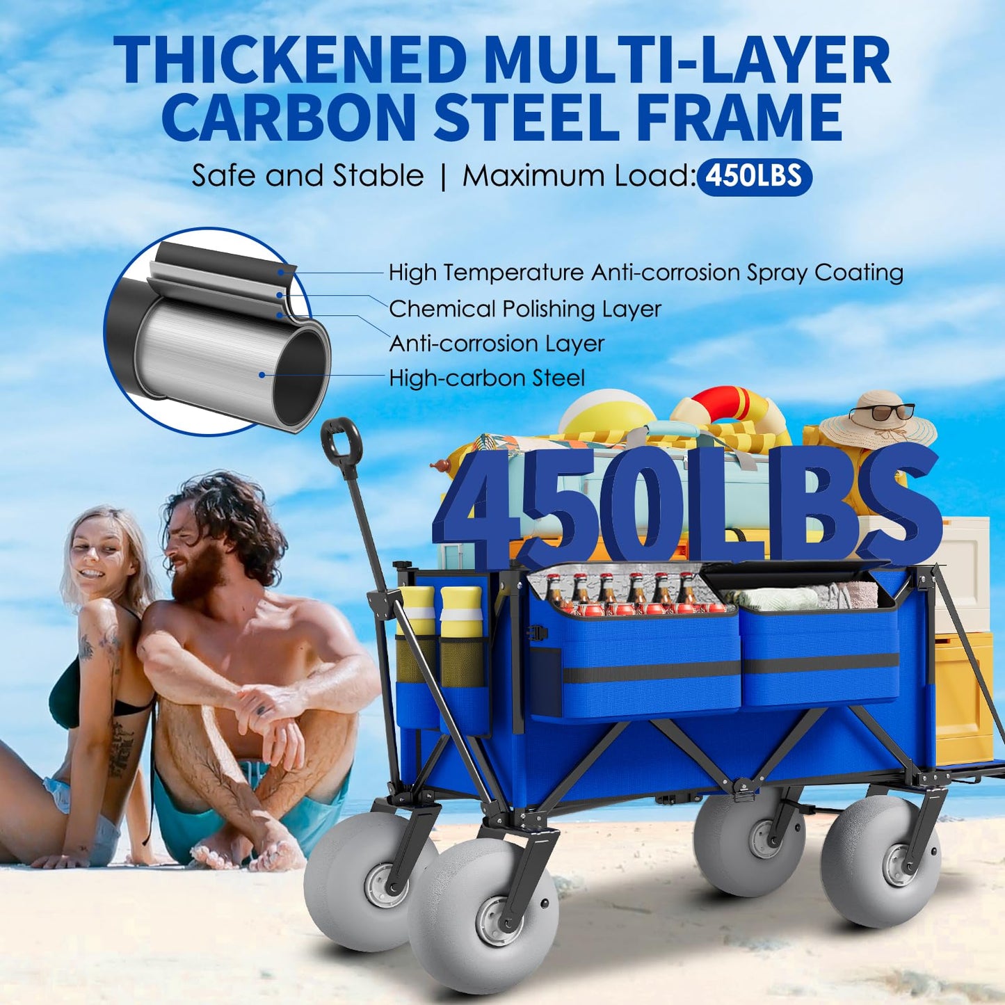 Beach Wagon with Big Wheels for Sand - 450lbs Load Heavy Duty Wagons Carts Foldable with 9" All Terrain Inflatable Tires, Collapsible Beach Cart for Grocery Shopping Garden Sports Camping Outdoor