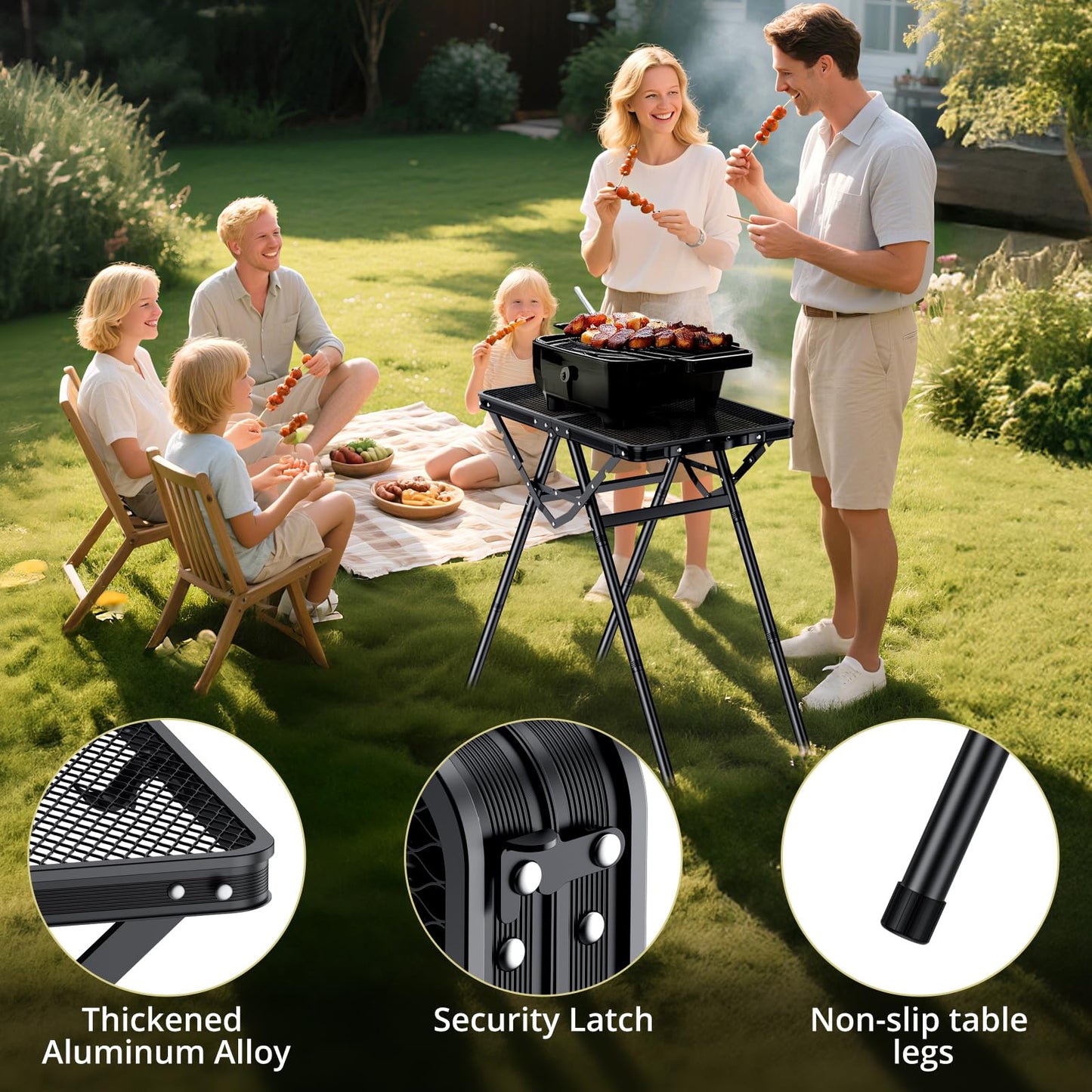 Anbte 2ft Folding Grill Table, Supports 180 Lbs, 2 Adjustable Height 28” Portable Grill Table Heat-Resistant Tabletop, Folding Metal Table for Camping BBQ Cooking Backyard Outdoor, 24" X 16", Black
