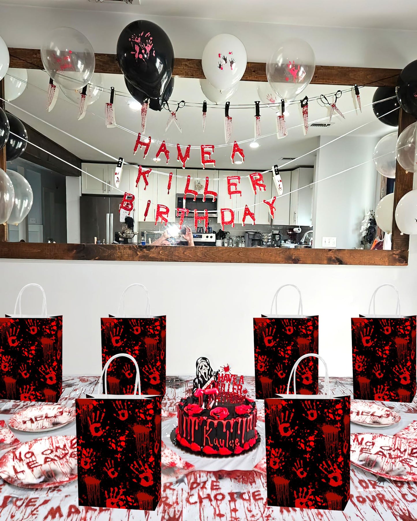 Roselush 16Pcs Bloody Goodie Gift Bags - Horror Bloody Handprint Party Favor Treat Bags for Bloody Birthday, Scary Movie Birthday Decorations, Serial Killer Halloween, Slasher Party Decorations