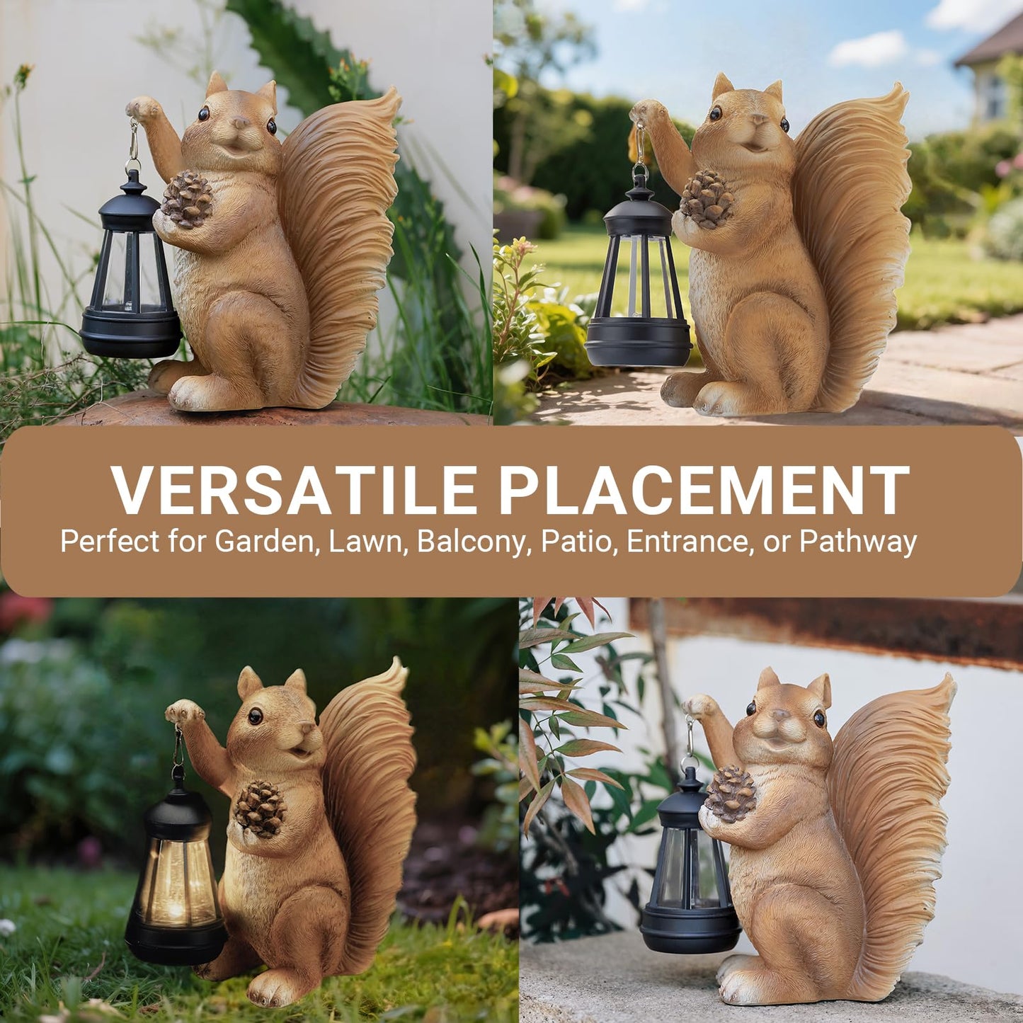 Elegondrar Solar Squirrel Garden Statue Outdoor Decor, Squirrel Sculpture with Lantern for Yard Lawn Patio Balcony, Christmas Birthday Housewarming Gifts for Mom, Grandma, Women, Brown,Resin