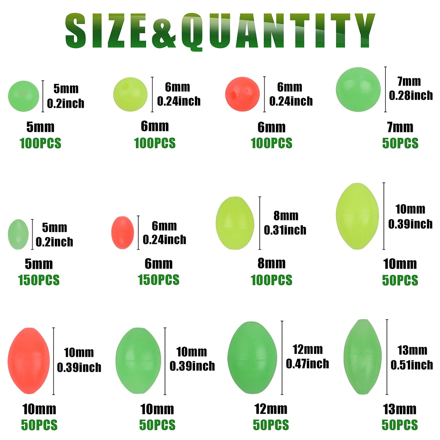 AGOOL Fishing Beads Assorted Set, 1000pcs Glow Beads Fishing Bait Eggs Soft Plastic Oval Round Luminous Beads Fishing Line Beads Fishing Lures Fishing Tackle Tool for Deep Drop Fishing Night Fishing