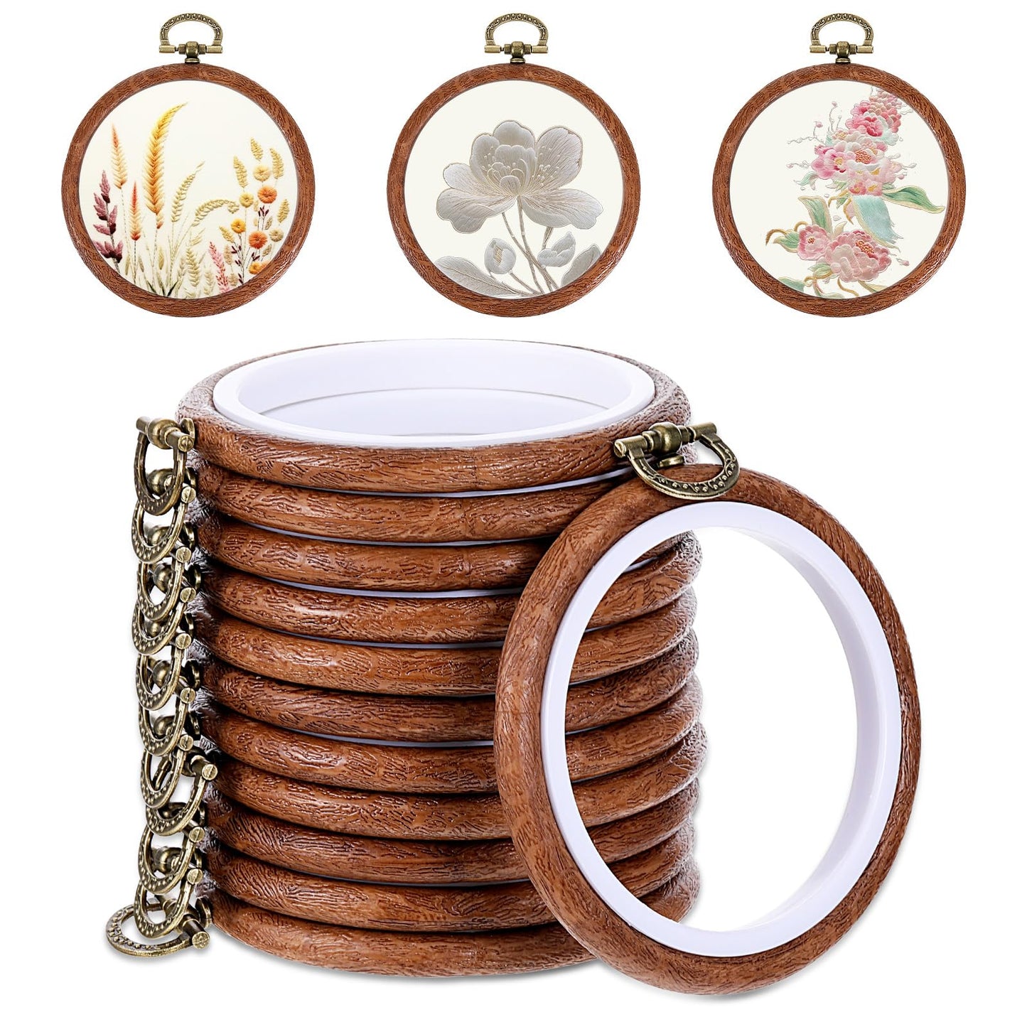 Oqqlin 12 Pcs Embroidery Hoop, 3 Inch Round Small Embroidery Hoops Rubber Imitation Wood Cross Stitch Hoop Cross Stitch Hoops Ring for Sewing, DIY, Craft, Hanging Ornaments