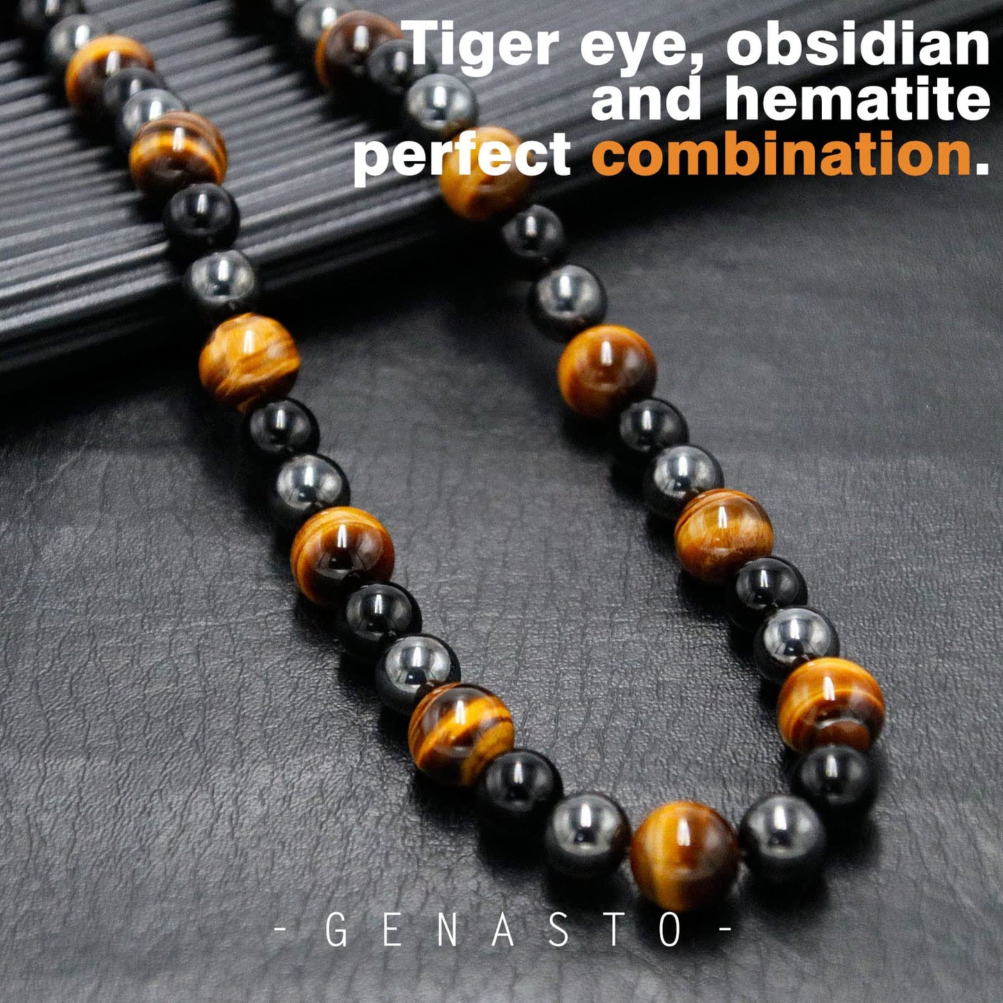 GENASTO Healing Crystal Black Obsidian Tiger Eye and Hematite Beads Necklace Triple Protection Necklace Unique Ideas Men Necklaces Jewelry Gifts for Men for Stress Relief and Balance