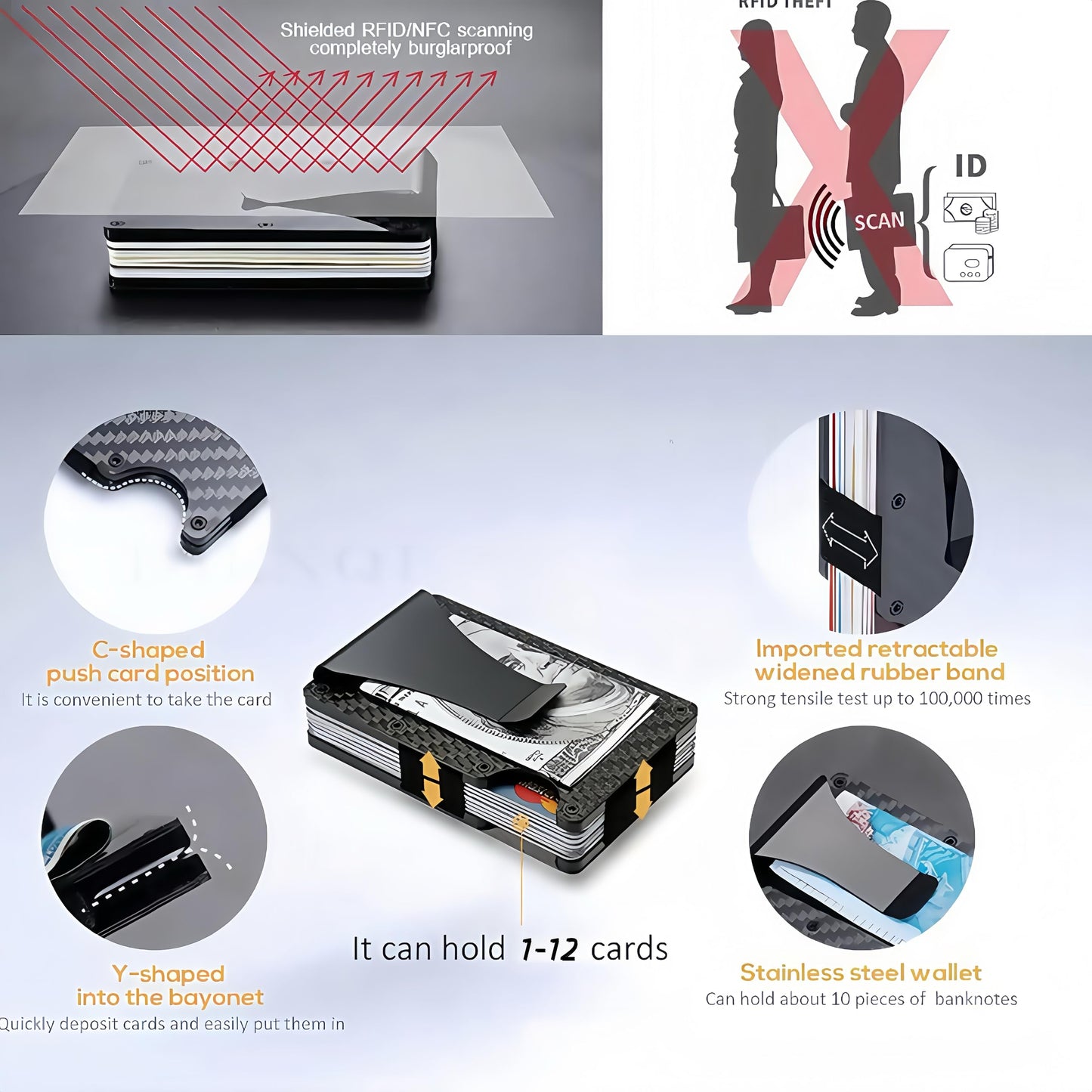 Wallet for Men- Minimalist Metal Wallet with Money Clip - Slim RFID Blocking Card Holder, Carbon Fiber Design, Holds 12+ Cards & Cash,Men's Wallet Gift,Driver License