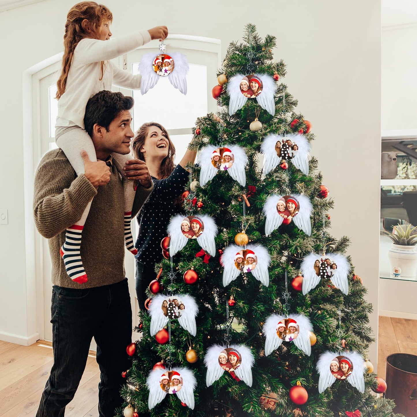 Huwena 48 Pcs Christmas White Angel Wings Ornament Angel Feather Wings with Round Sublimation Blank Pendants Hanging Acrylic Snowflake Crystal Ornaments for Christmas Tree DIY Crafts Party Decor