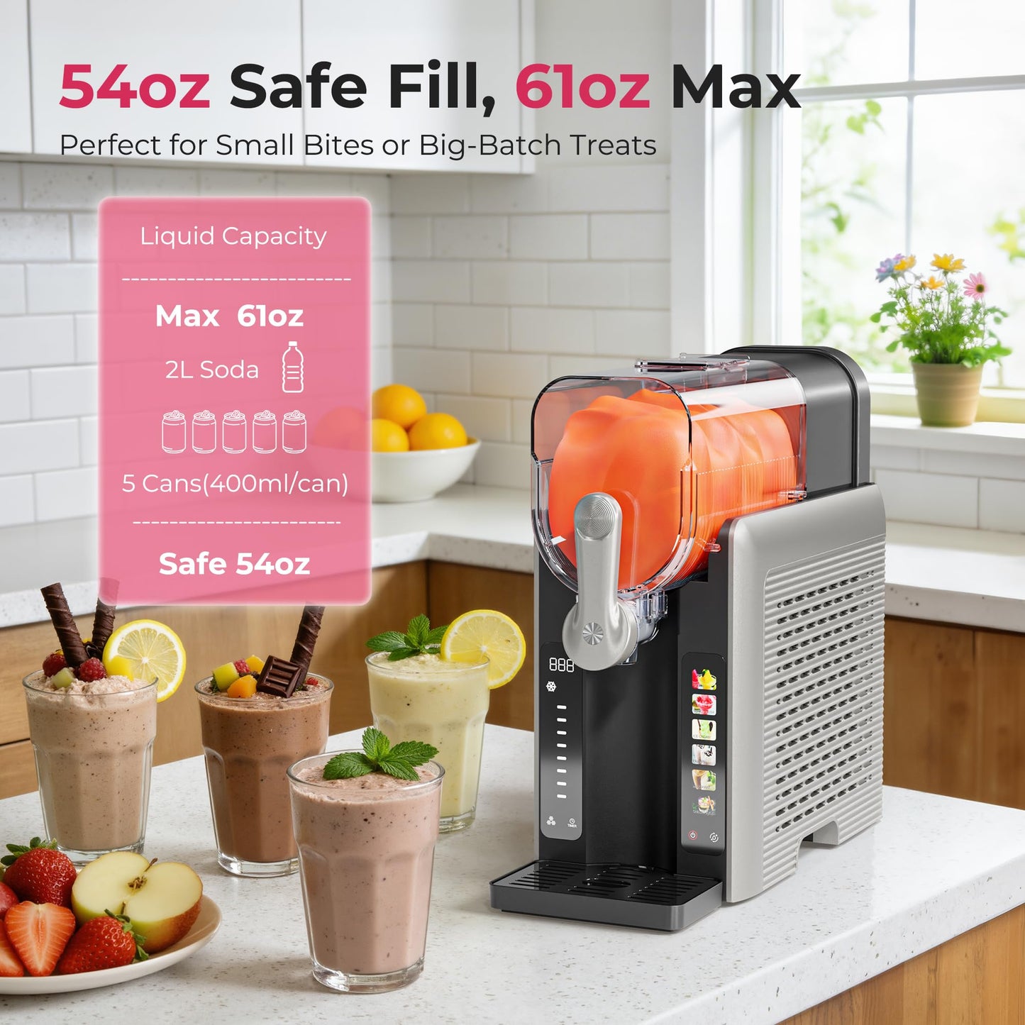 Slushie Machine for Home, No Ice Needed Frozen Drink Maker with Auto-Clean, LED Display, Perfect for Margaritas, Frappés, Milkshakes and More, Family Gatherings & Home Bar, Grey, 1 Pack+6 Modes
