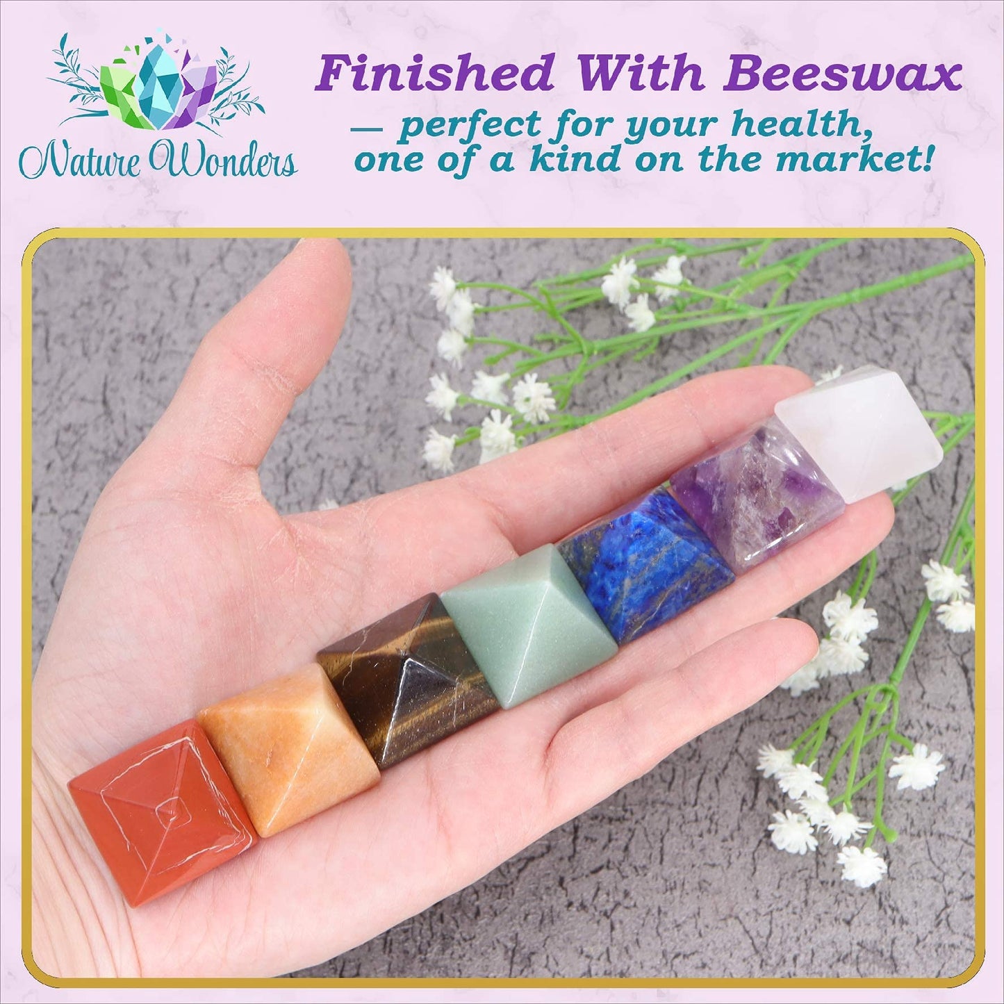 Uorbeay NatureWonders All Natural 7 Chakra Stone Set (Pyramid) with Engraved Symbols (Gift Box, Information Brochure & Pouch) - Healing Crystals, Balancing, Tumbled Palm Stone, Touchstone, Meditation