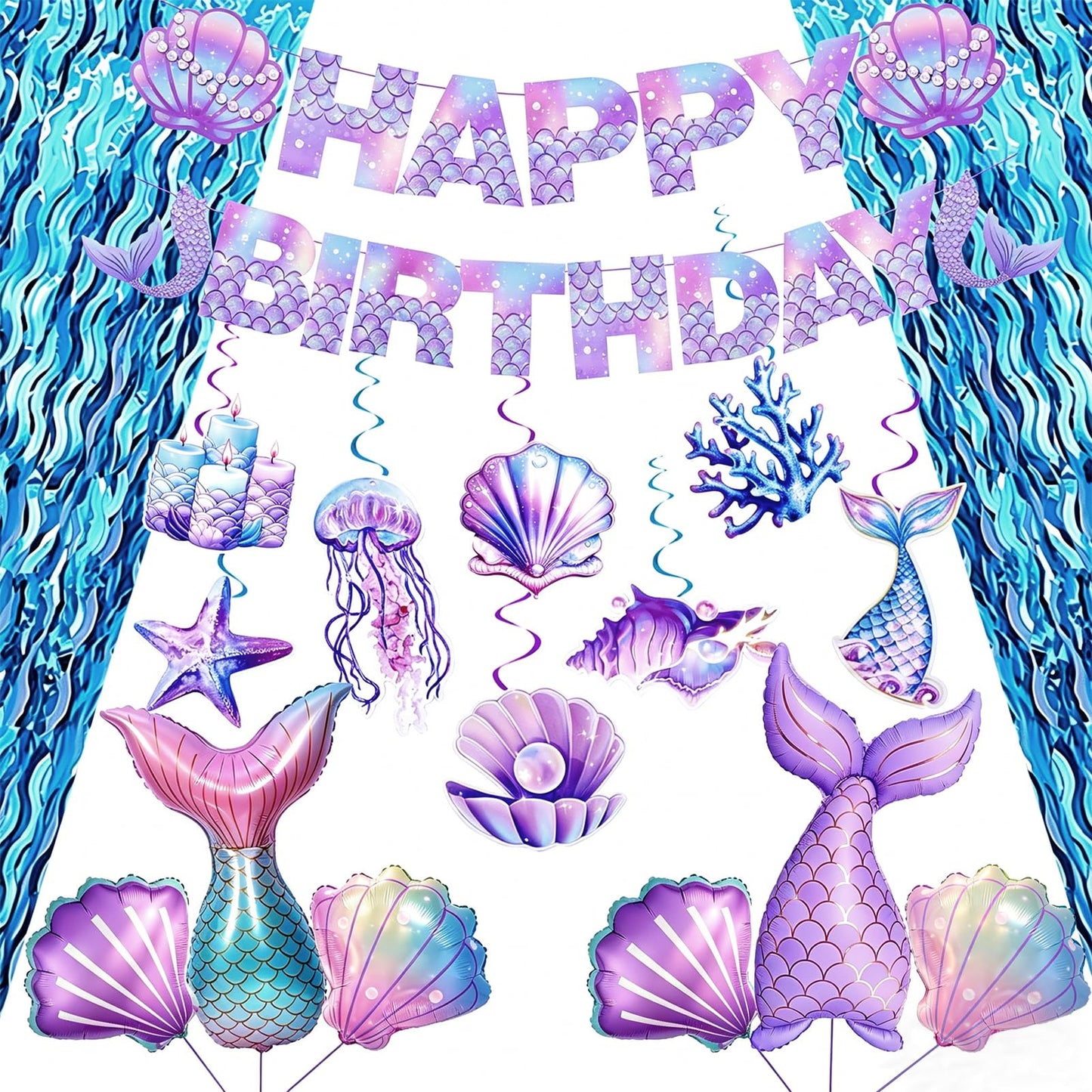 Mermaid Birthday Party Decorations, Under the Sea Party Supplies with Light Blue Wavy Tinsel Curtain, Happy Birthday Banner, Hanging Swirls,Shell Tail Foil Balloons for Girls Birthday