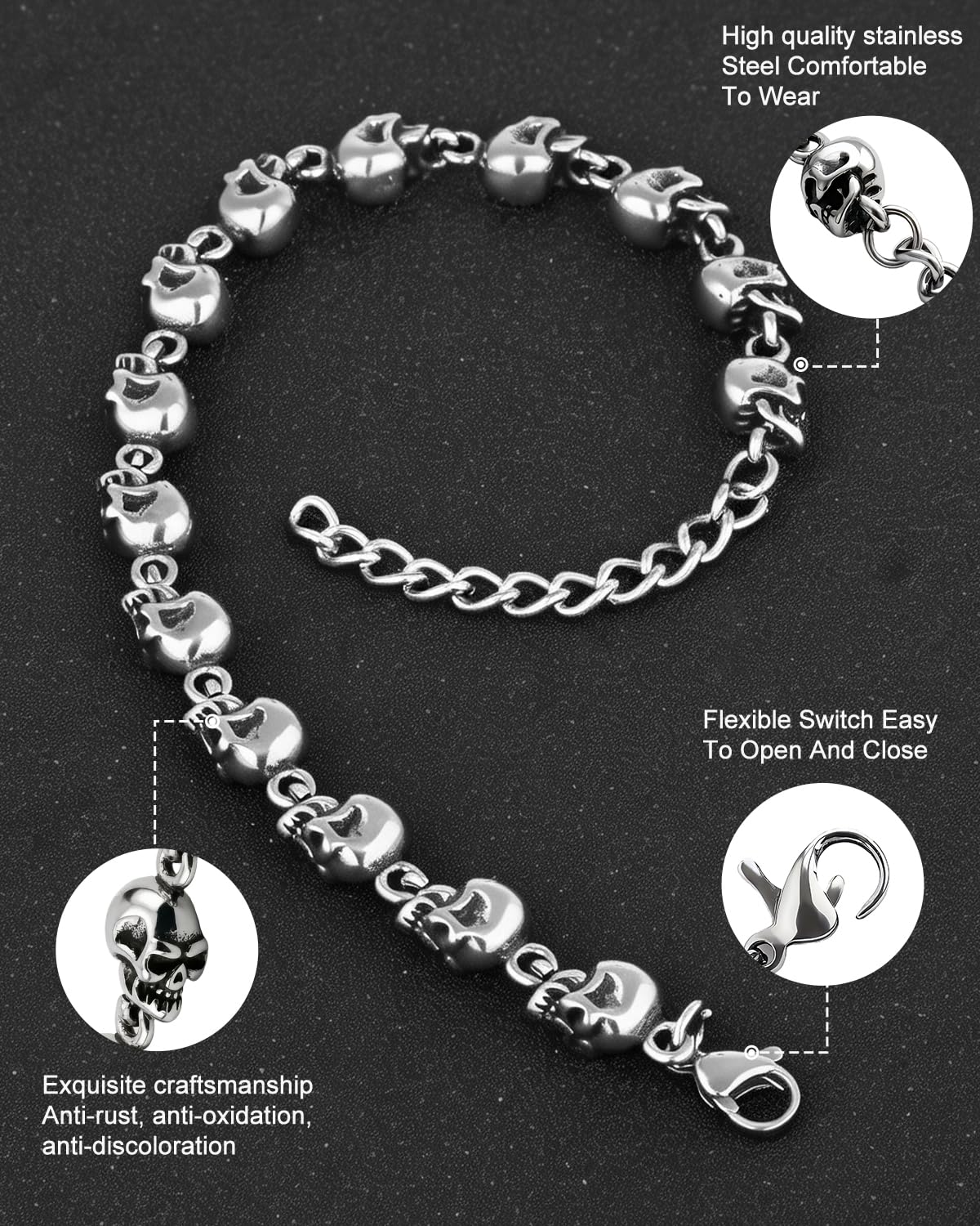 LuxGoth Stainless Steel Skull Head Bead Linked Chain Bracelet Gothic Punk Rock Biker Viking Vintage Link Curb Bracelet Jewelry for Men Silver GTS-B1B45077