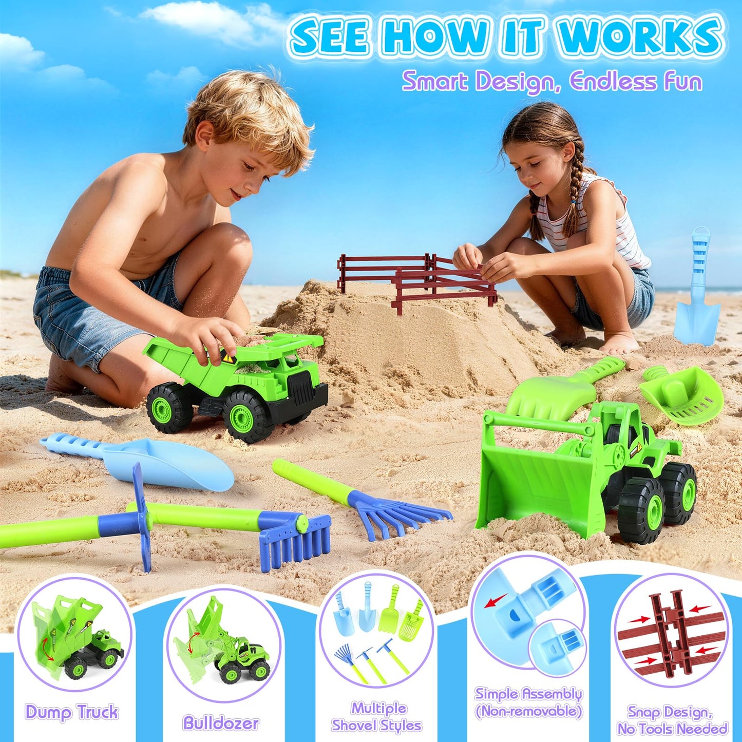 Beach Toys, Farm Theme Sand Toys for Kids Boys and Girls with 2 Truck, 2 Collapsible Bucket, Sand Castle Building Kit, Molds, Mesh Bag, Farm Animals, Tools, Indoor Outdoor Toys for Kids Ages 3-10