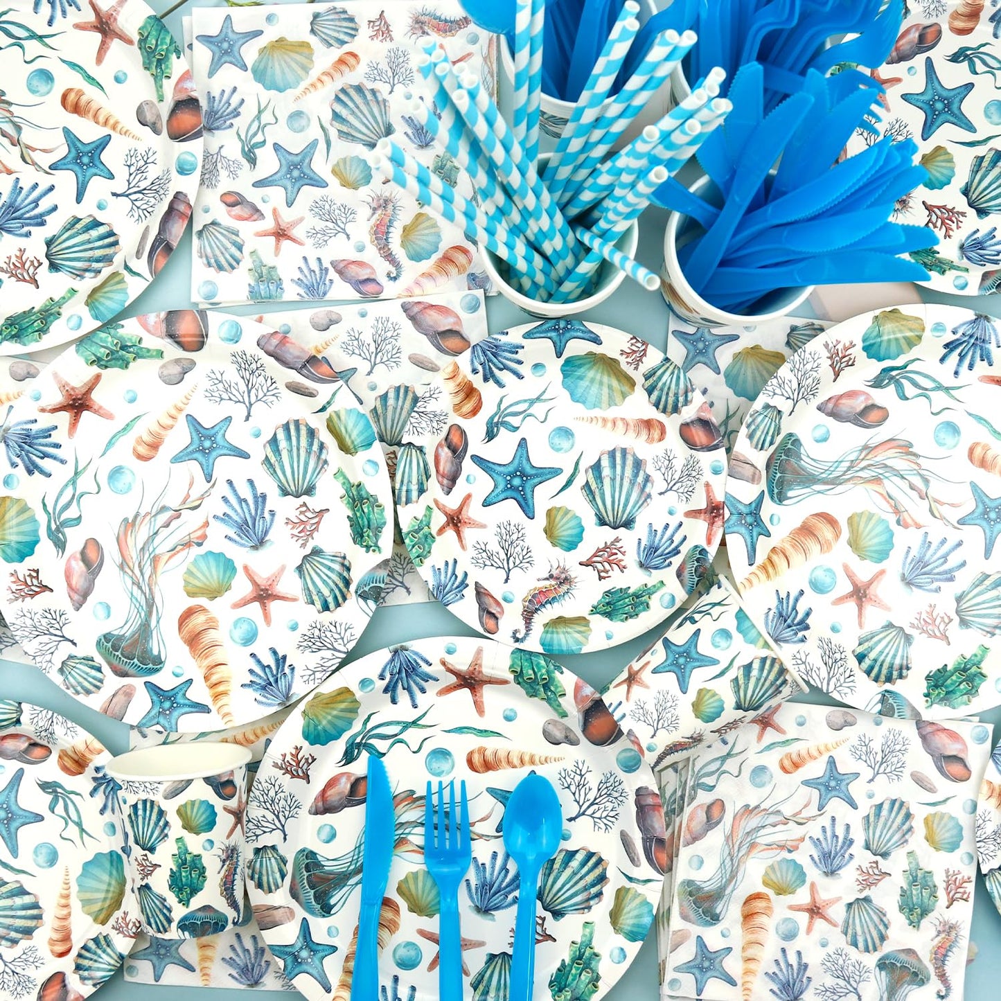 Obussgar Shells Birthday Party Decorations - Shells Party Supplies including Banner, Plate, Cake Topper, Cup, Napkin, Balloon, Tablecloth - Serves 20