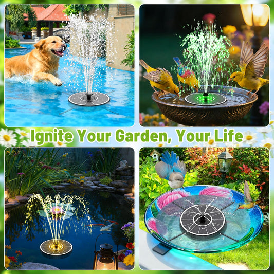 GAIZERL Solar Fountain with 3 Spray Height, Colorful Led Lights, 3.5W Glass Solar Bird Bath Water Fountain with 2000mAh Battery, 4 Rotating Rods and 7 Nozzles for Hummingbird Bathing, Outdoor Decor