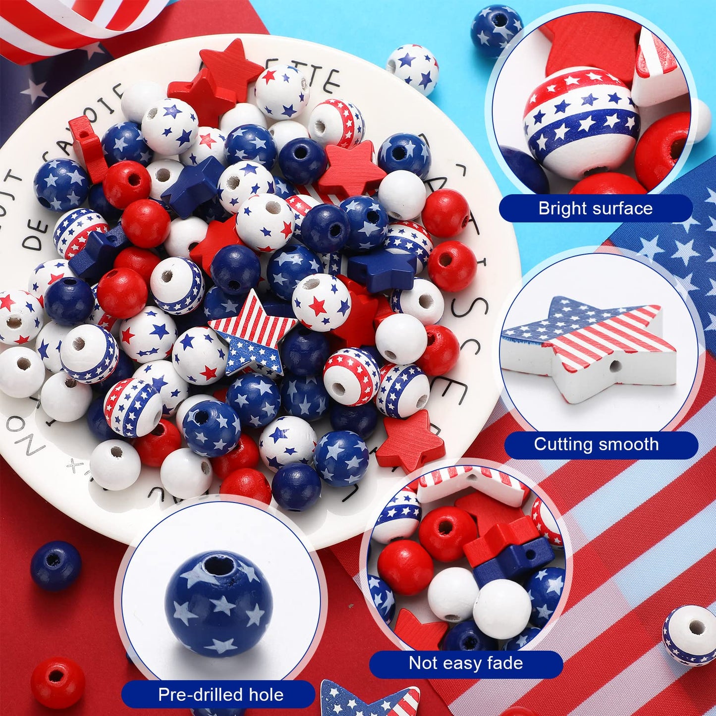 Bencailor 248 Pcs 4th of July Wood Beads Patriotic Wooden Bead for Craft Red White Blue America Flag Stars Charm for 250th Anniversary Memorial Independence Day Decor DIY Garland Bracelet Necklaces