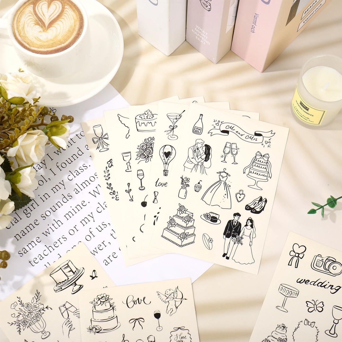 Whaline 294Pcs Wedding Stickers Seal Decals Black Beige Groom and Bride Cupid Flower Adhesive Labels for Wedding Bridal Shower Party Favor Supplies, 18 Sheets