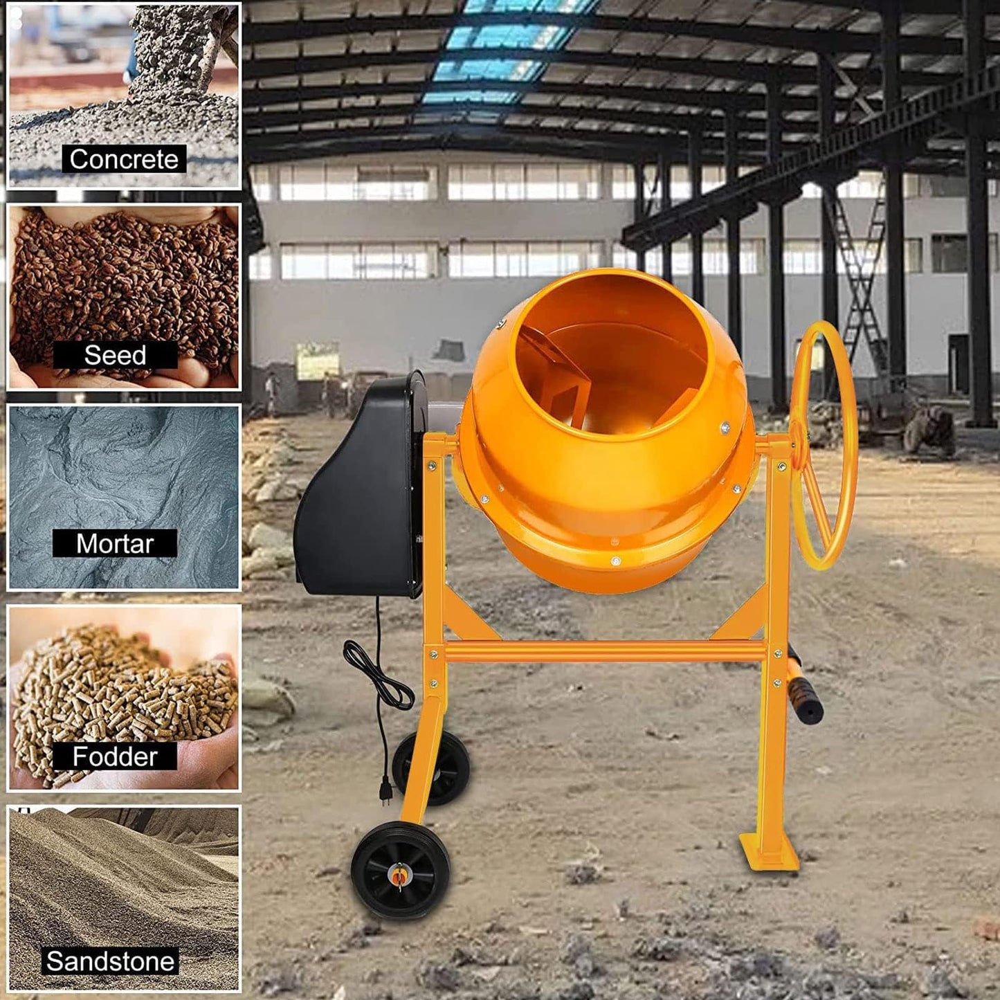 Harigal Electric Cement Mixer, 5.0 cubic Ft, Portable Concrete Mixer Machine, Wheelbarrow Cement Mixing Tools for Stucco
