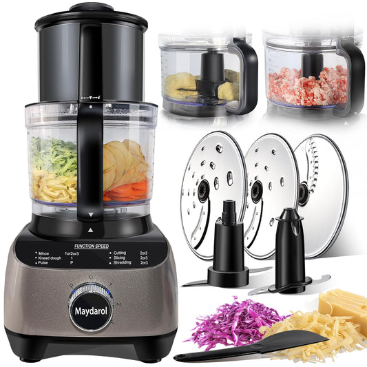 Maydarol 14 Cup Food Processor, French-Fry-Cutter, Blending, Mixing, Shredding, and Slicing, Meat and Vegetable Chopping, Doughing for Home Use, Mincing, and Pureeing,4 Speeds,600W