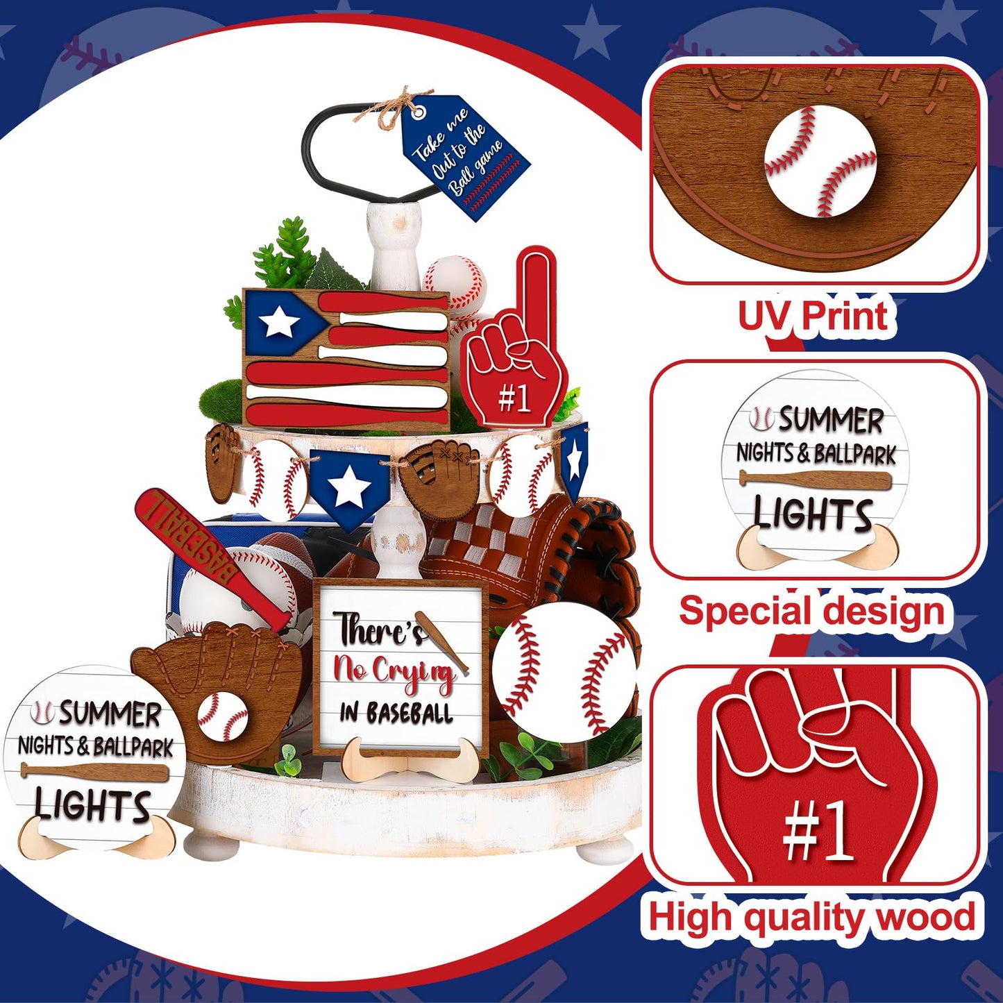 FairySandy 13 Pcs Baseball Tiered Tray Decor Wooden Baseball Table Centerpieces Decor Rustic Wooden Sport Game Sign for Fans Theme Party Supplies