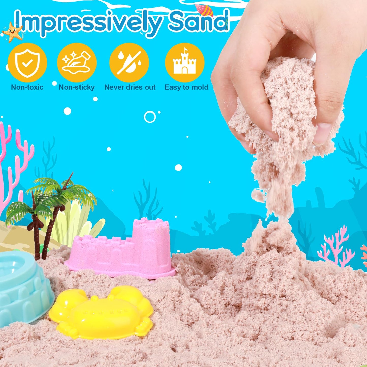 Mikiwon Ocean Sensory Bin, Sandbox Play Sand Art Kit with 3.3lbs Play Sand, Sea Animal Toys Molds, Sensory Play for Girls Boys Age 3 4 5 6 7 8, Beach Toys for Kids Xmas Birthday Gifts