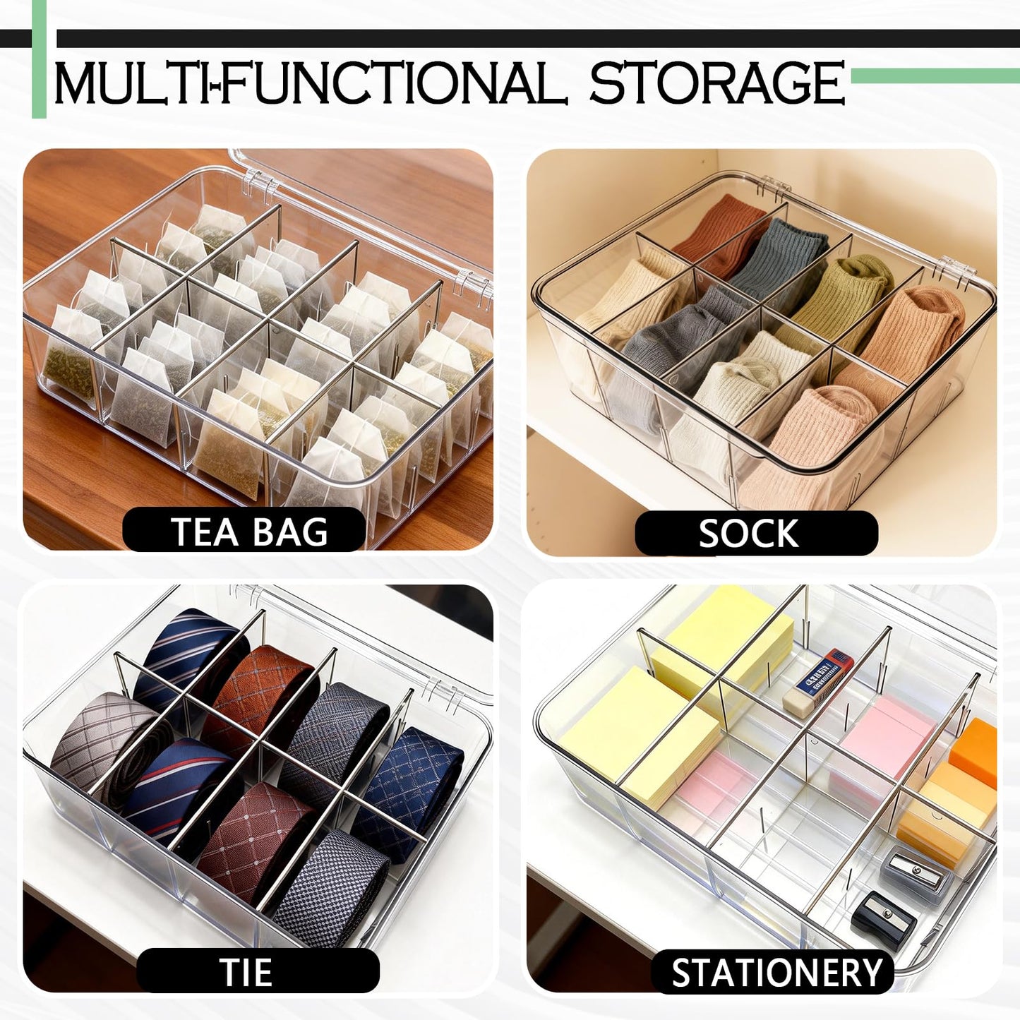 Slomg Sock Underwear Dresser Drawer Organizer with Dividers, Clear 8 Grids Plastic Storage Box Bin with Lid, Small Parts Bead Container for Jewelry Earring Scarves Ties Bras Crafts Fishing Tackle