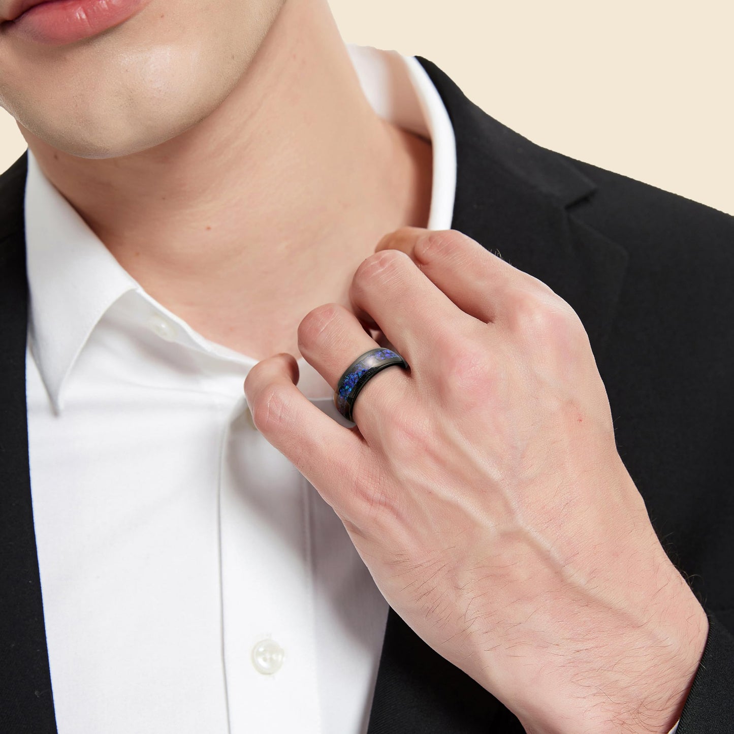 NUNCAD Black Wedding Ring Men Tungsten Blue Opal Ring Wedding Band Dome Polished Finish Comfort fit 8mm Sizes 8
