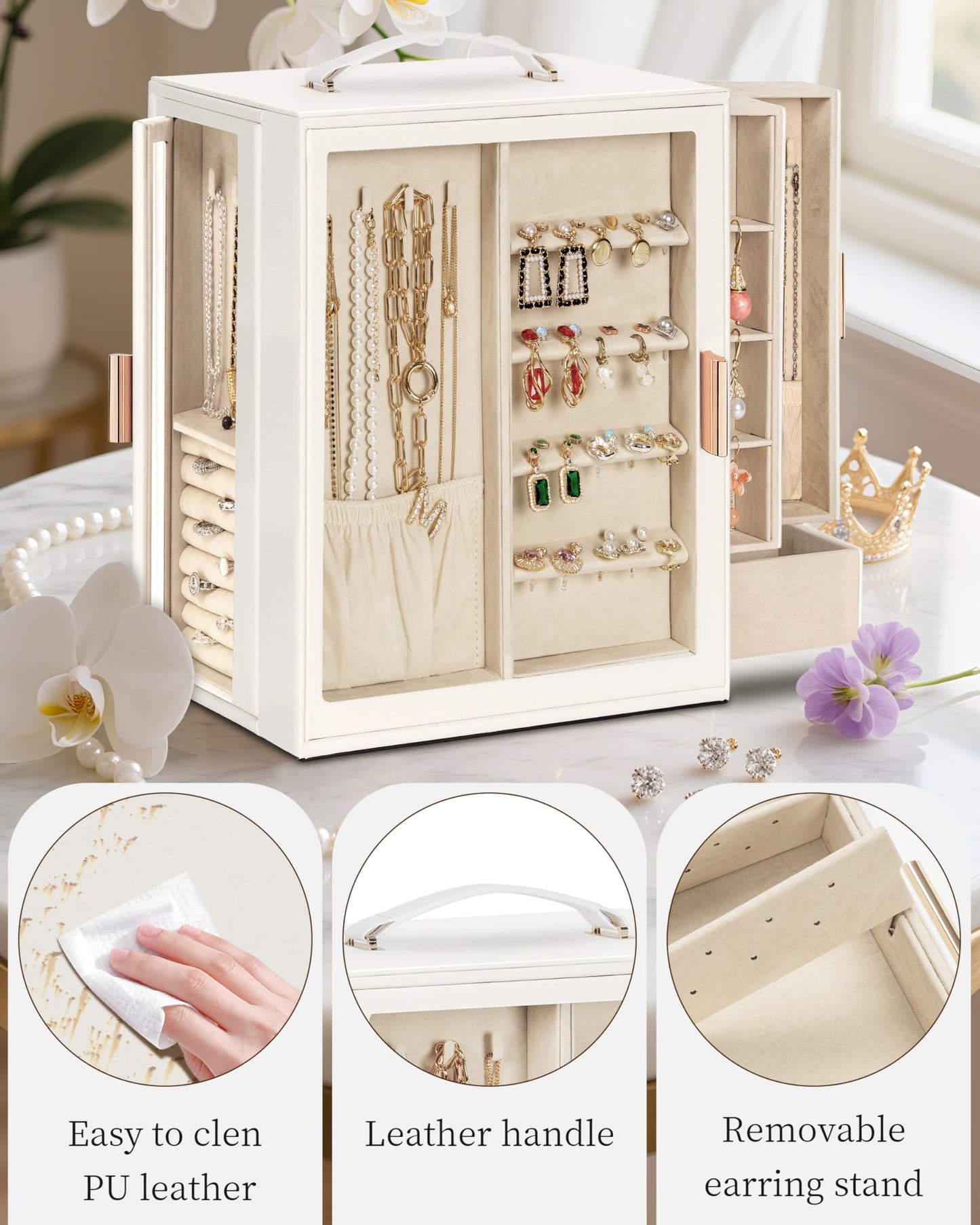 TORIBIO Large Jewelry Box for Women Girls,Big Leather Jewelry Organizer for Necklaces Rings Earrings Gift Bracelets Storage with Drawer,Great Gift for Her