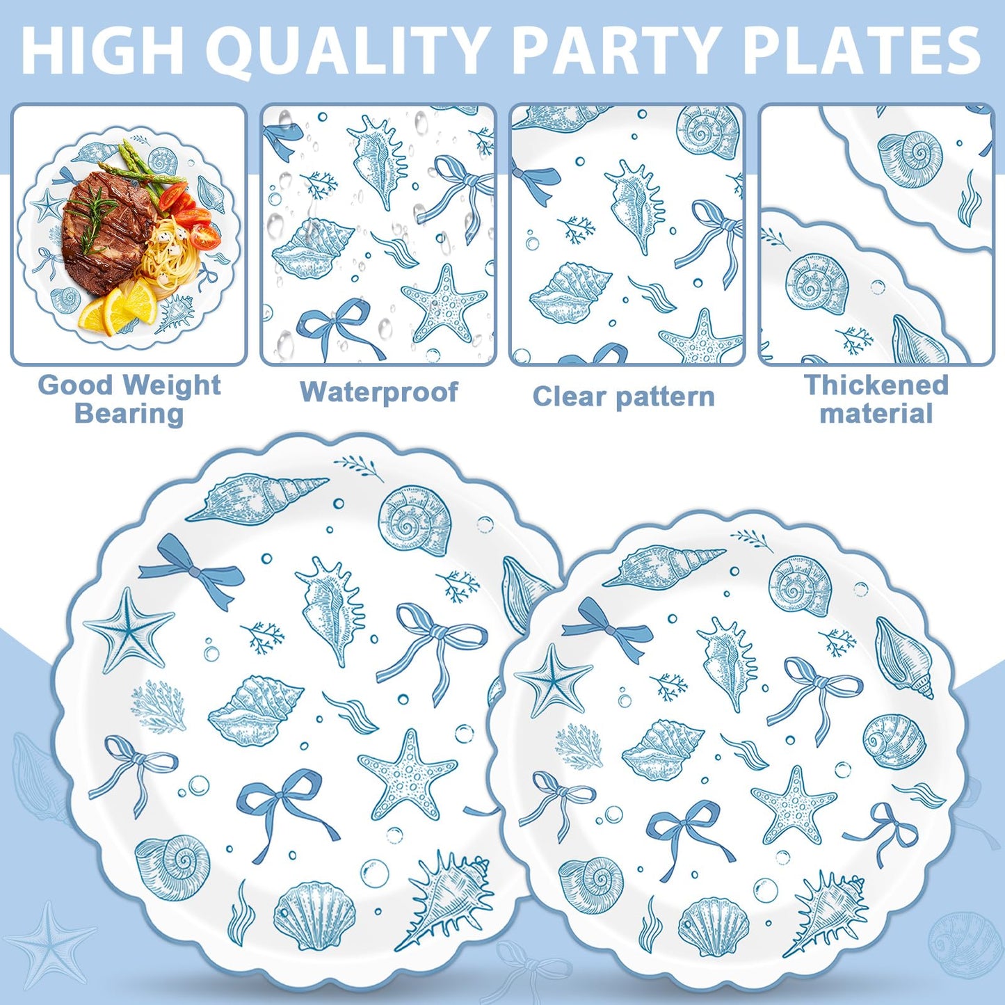 96pcs Scalloped Coastal Party Supplies Tropical Blue Bow Starfish Seashell Plates and Napkins Tableware Set Ocean Theme Party Decorations for Summer Beach Wedding Birthday Bachelorette for 24 Guests