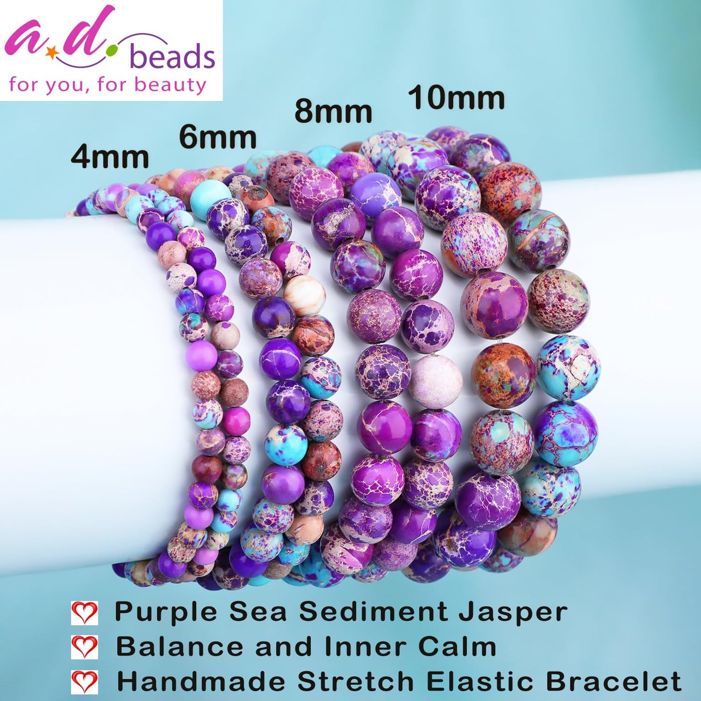 AD Beads 8mm Handmade Purple Sea Sediment Imperial Jasper Elastic Bracelet – Natural Gemstone for Joy & Positivity – Meditation, Yoga, Healing and Energy Gift for Men Women