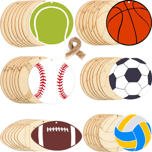 42 Pieces Sports Theme Unfinished Wood Cutouts Football Volleyball Baseball Basketball Soccer Tennis Shaped Wooden Slices with Twines Hanging Ornaments Sport Themed Party Home Decoration
