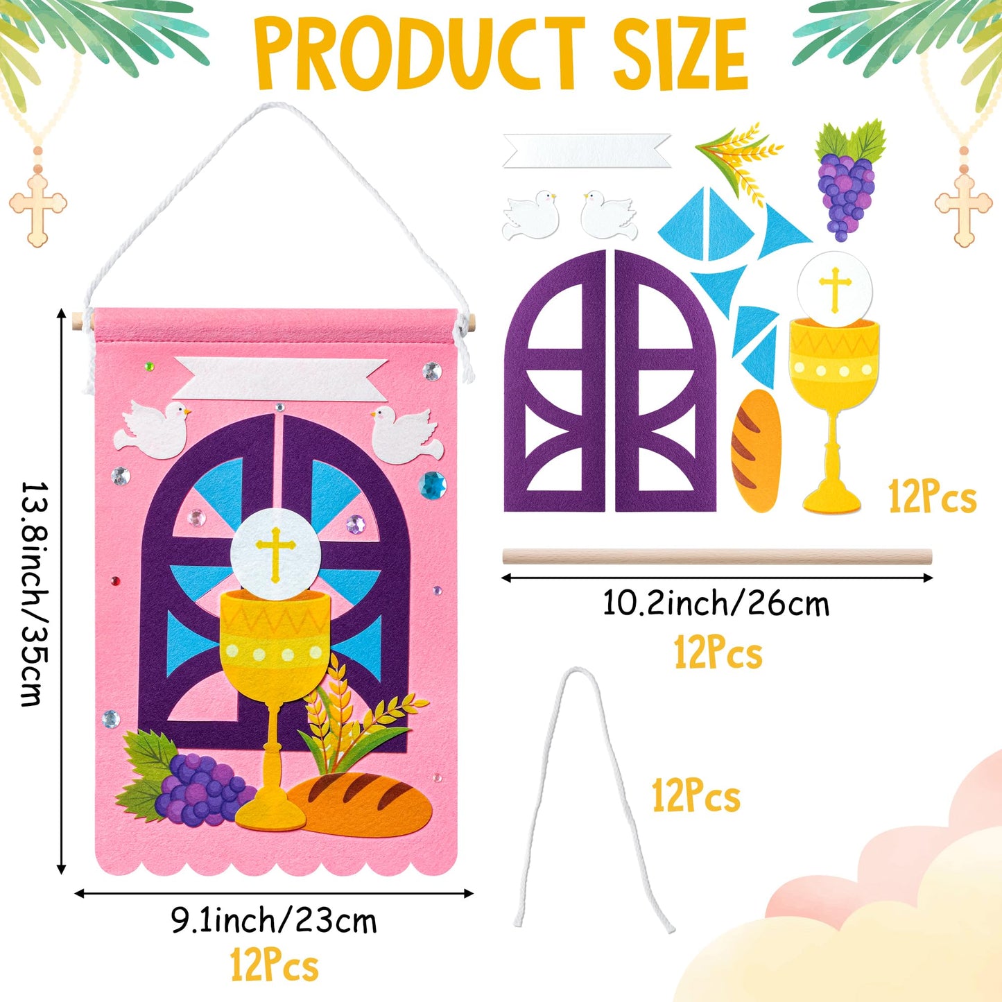 WATINC First Communion Banner Kit - 12 Set Holy 1st Communion Felt Banner Kit Baptism Christian Cross DIY Craft Decorations, Make Your Own Sunday School Church Hanging Crafts Supplies for Girls (Pink)