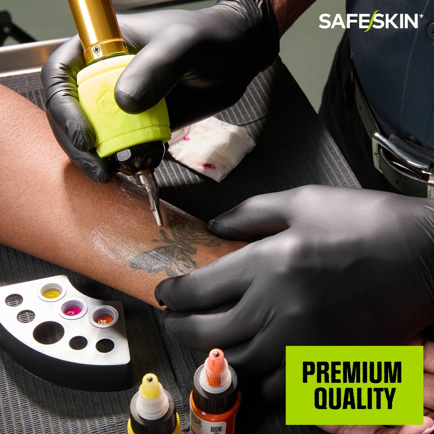SAFESKIN Black Nitrile Disposable Gloves Powder Free Latex Free Tattoo, Food Prep, Auto Salons, Cleaning, Law Enforcement, 3.5 mil, Size Medium, Box of 100