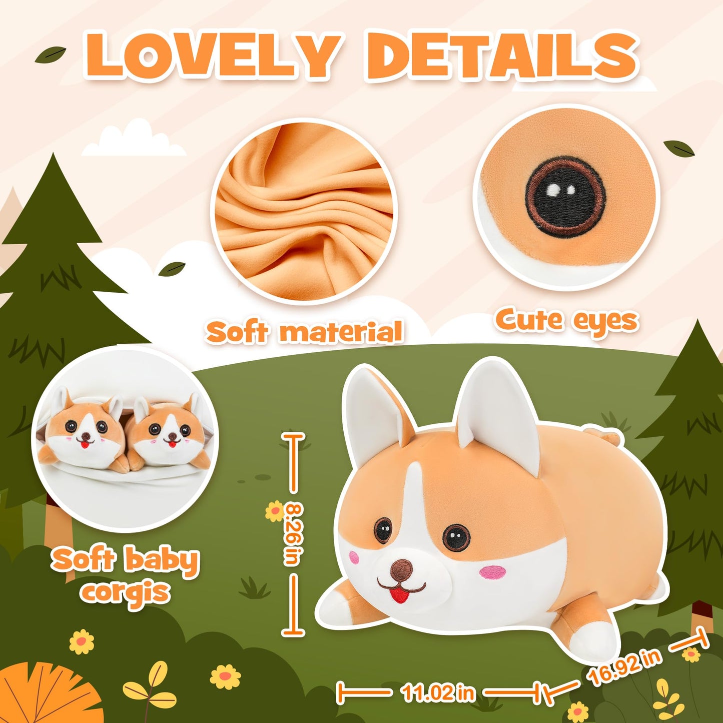 YIIQUWEN 17" Corgi Plush, Soft Stuffed Animal Dog Pillow Toy, Corgi Mommy with 4 Baby Puppy Family Set, Cute Birthday Gift for Kids Boys Girls