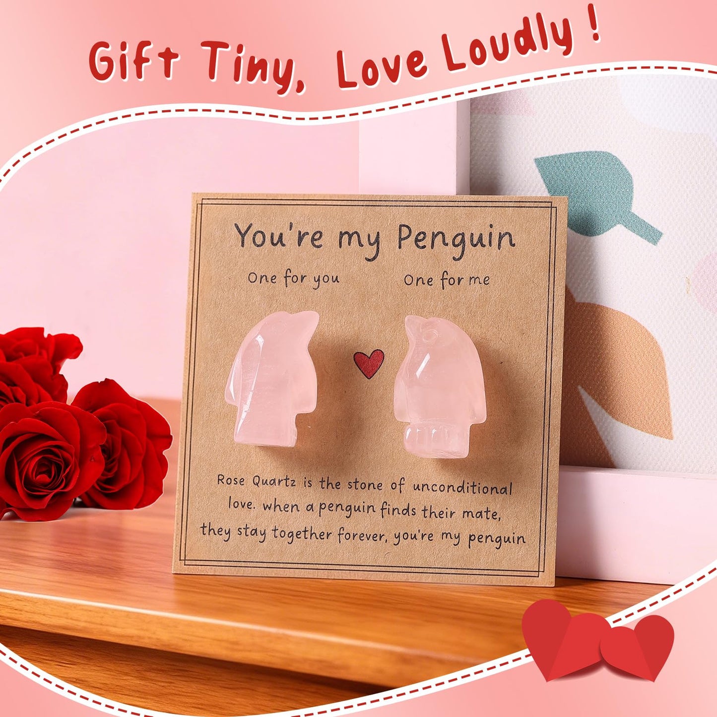 FRESOULY Gifts for Him Her,Rose Quartz Penguin Gifts for Couples,Romantic Anniversary Wedding Birthday Valentines Gift for Men Women Boyfriend Girlfriend Husband Wife