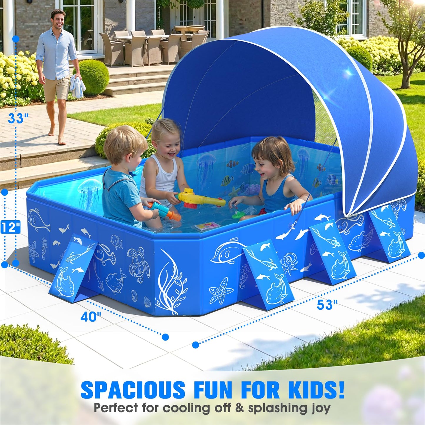 2026 Kiddie Pool with Canopy,Baby Swimming Pool for Toddler,Non-Inflatable Portable Pool for Kids,Foldable Toddler Pool with Shade,Kiddie Pool for Backyard,Pop Up Baby Beach Pool 53''×40''×33''