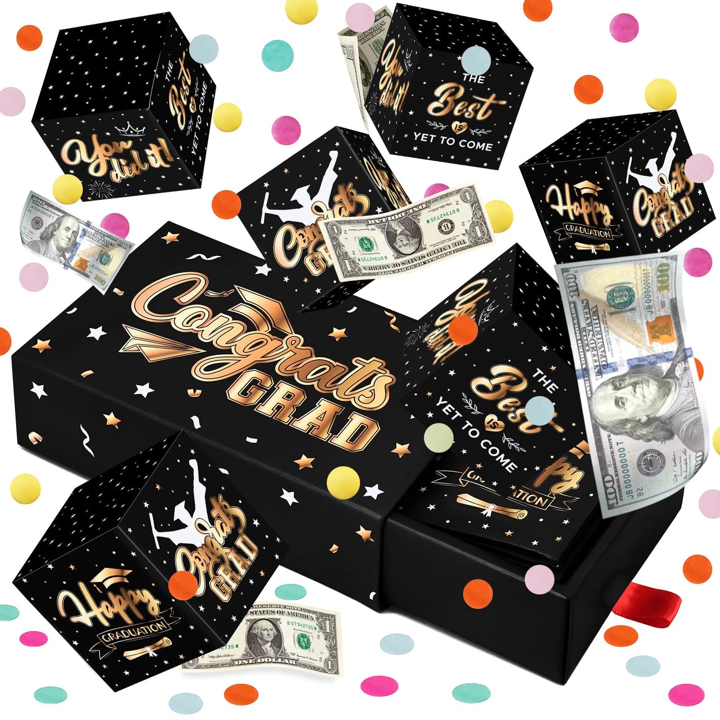 WenmthG 2026 Graduation Surprise Gift Box Explosion for Money - 10 Pcs Grad Pop Out Folding Bounce Money Gift Box with Confetti - Cash Gift Idea for Grad - Graduation Money Bank Party Supply (Black Gold)
