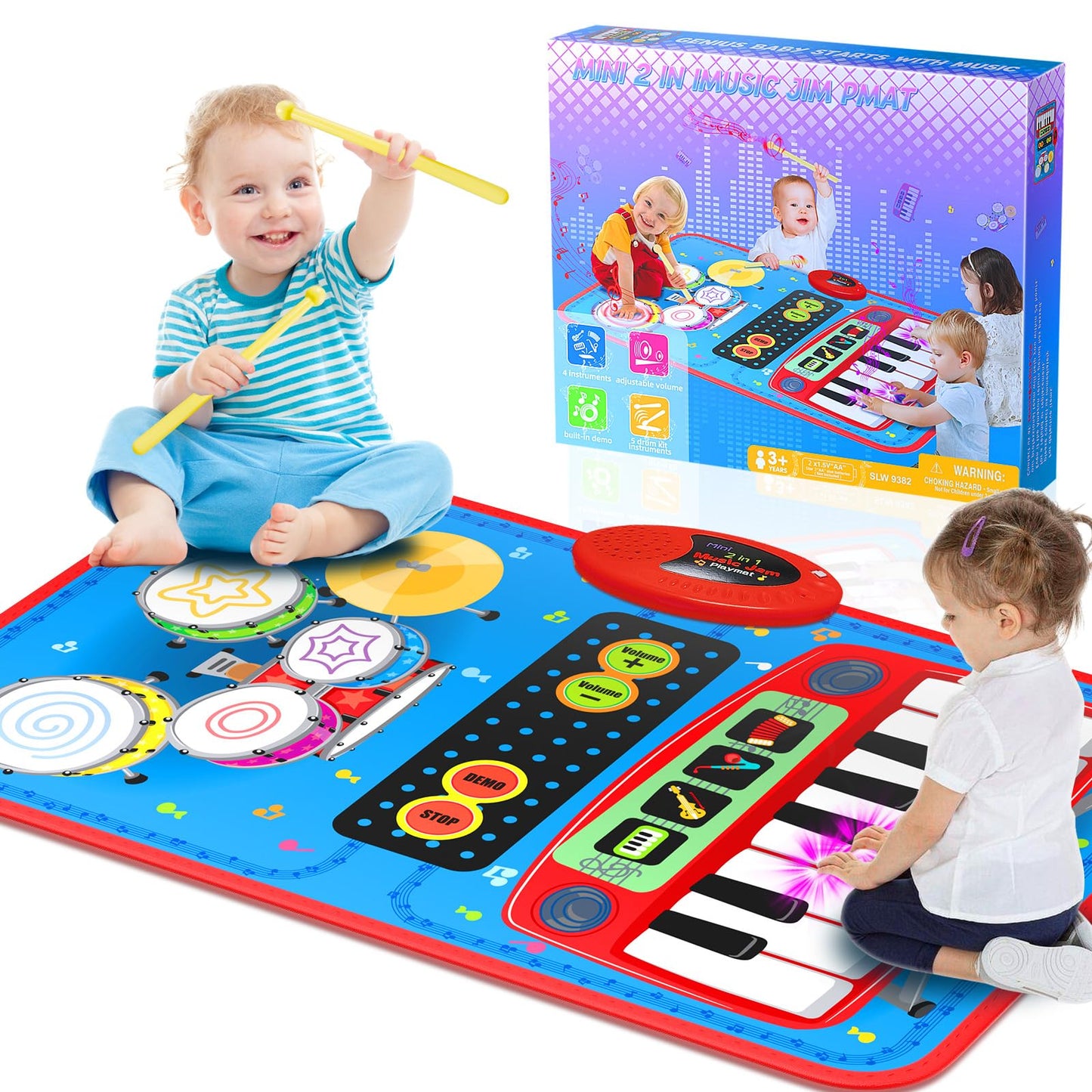 Oripira 2-in-1 Musical Mat Toys for 1 2 3 4 5 Year Old, Piano Keyboard & Drum Set with 2 Drum Sticks, Early Educational Musical Learning Toys Birthday for 1 2 3 4 5 Year Old Boys & Girls, Blue